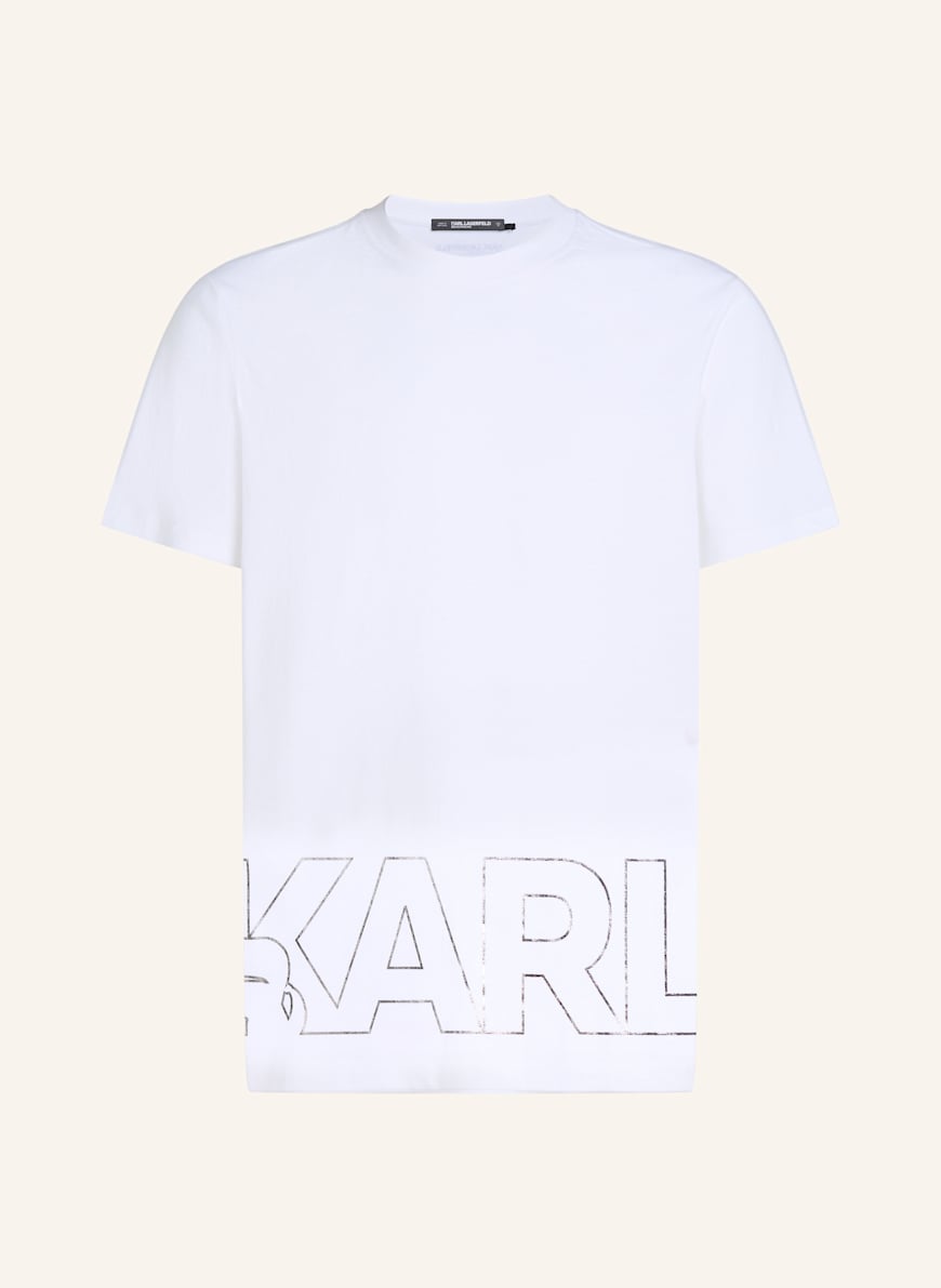KARL LAGERFELD STRAND-T-SHIRT MIT KARL-LOGO IN METALLIC-OPTIK: WEISS