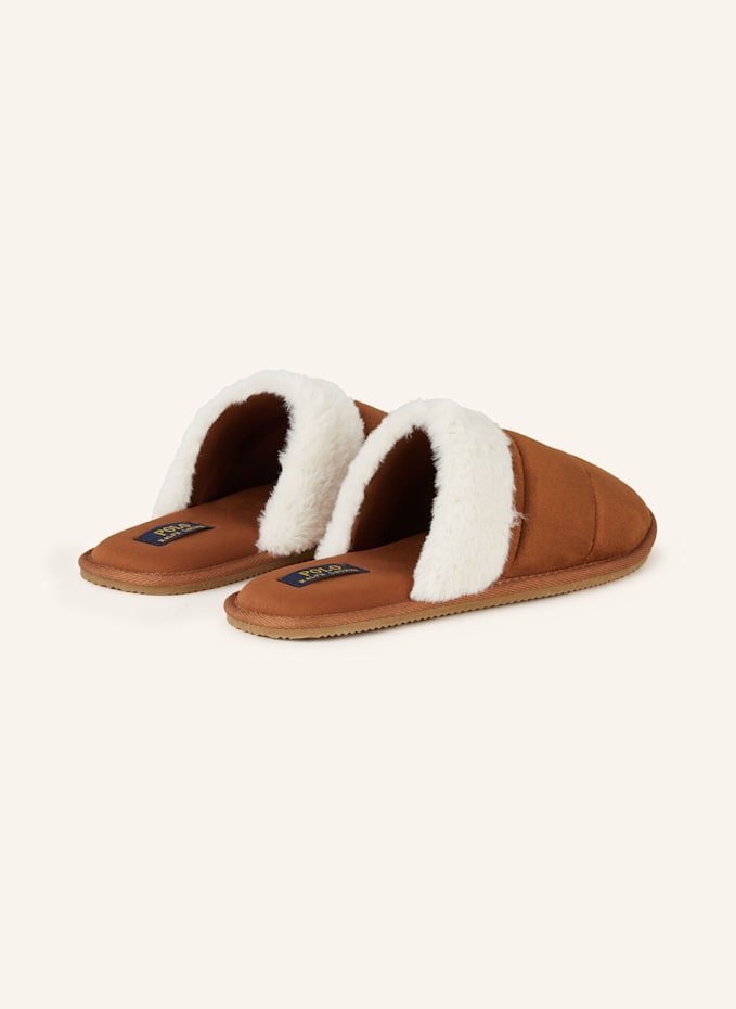 【送料&関税込】Polo Ralph Lauren Brown Fabric Kelcie Slippe POLO RALPH LAUREN KELCIE slippers in black/ white