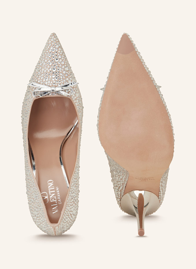 VALENTINO GARAVANI Pumps ROMANCE with decorative gems in nude/ silver