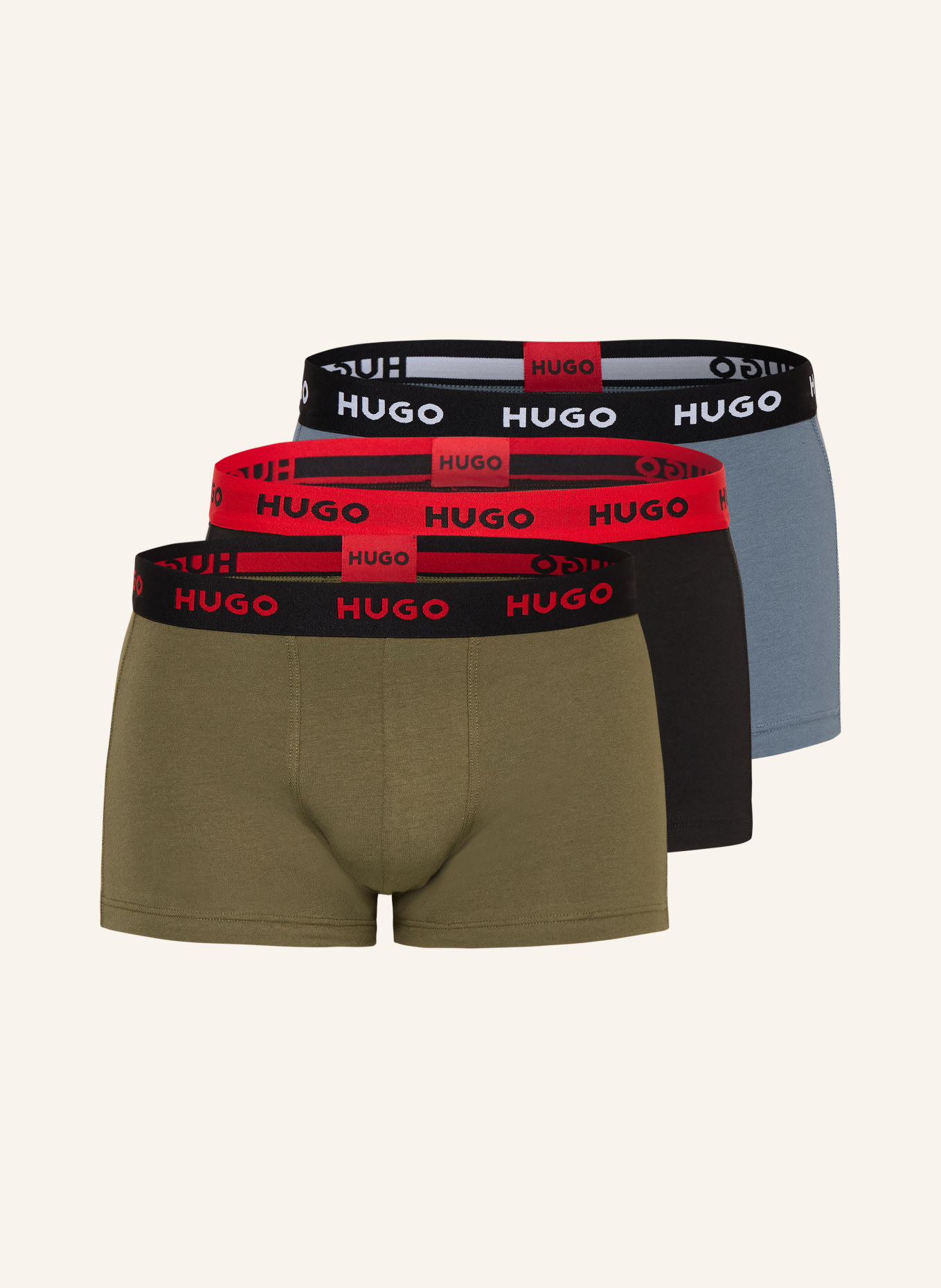 HUGO 3er-Pack Boxershorts: KHAKI / BLAUGRAU / SCHWARZ