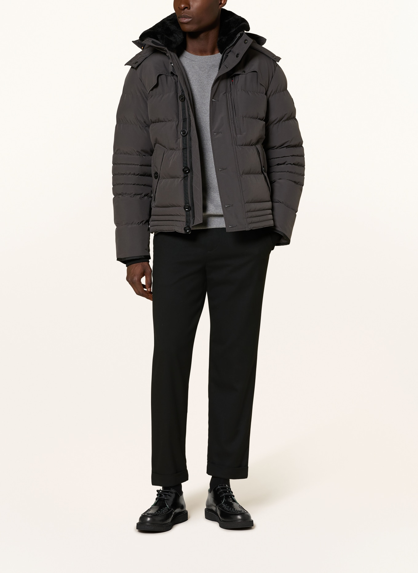 WELLENSTEYN Kurtka puchowa STARSTREAM z odpinanym kapturem wykończona sztucznym futrem: SZARY