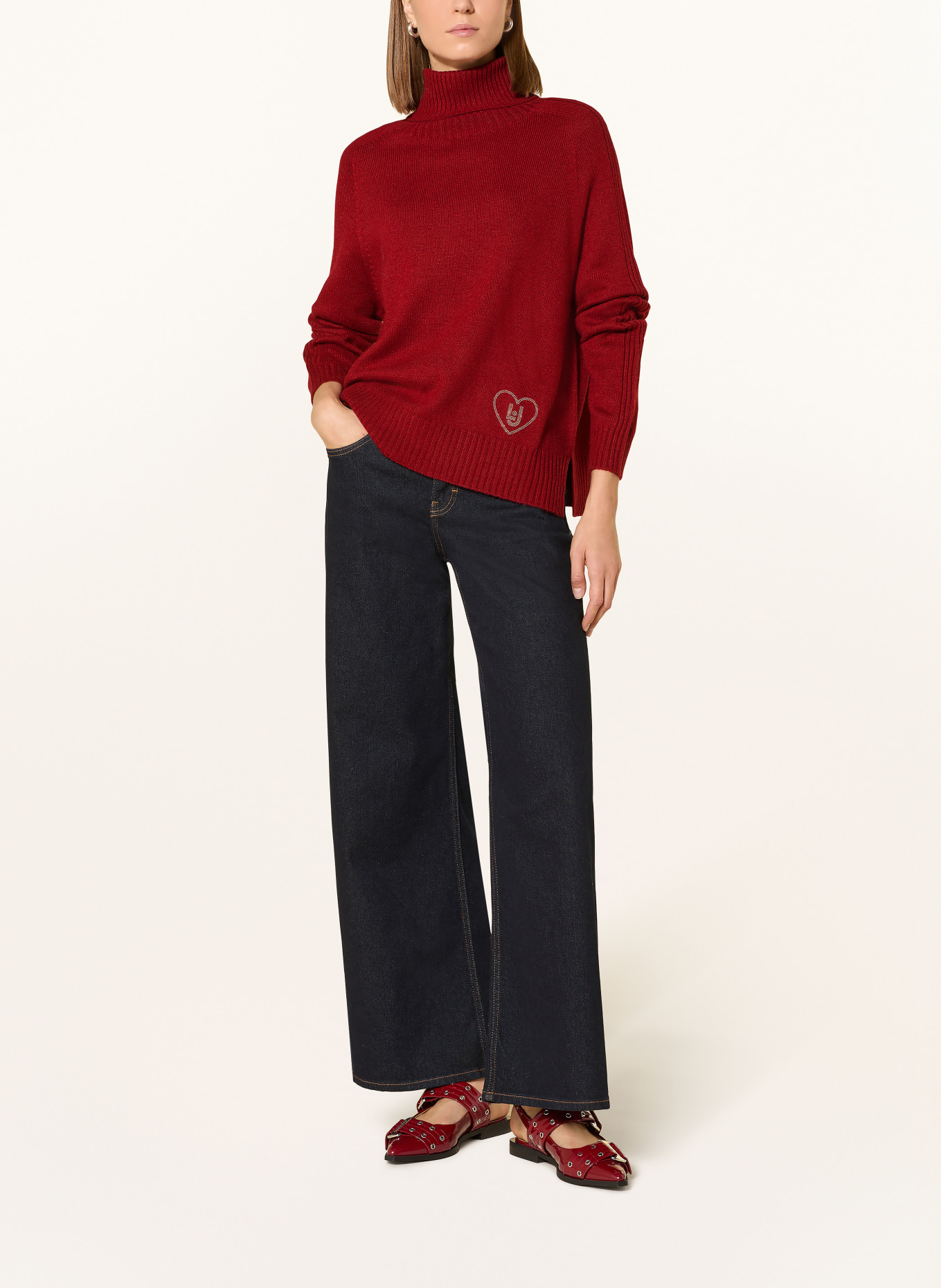 LIU JO Rollkragenpullover mit Schmucksteinen: DUNKELROT