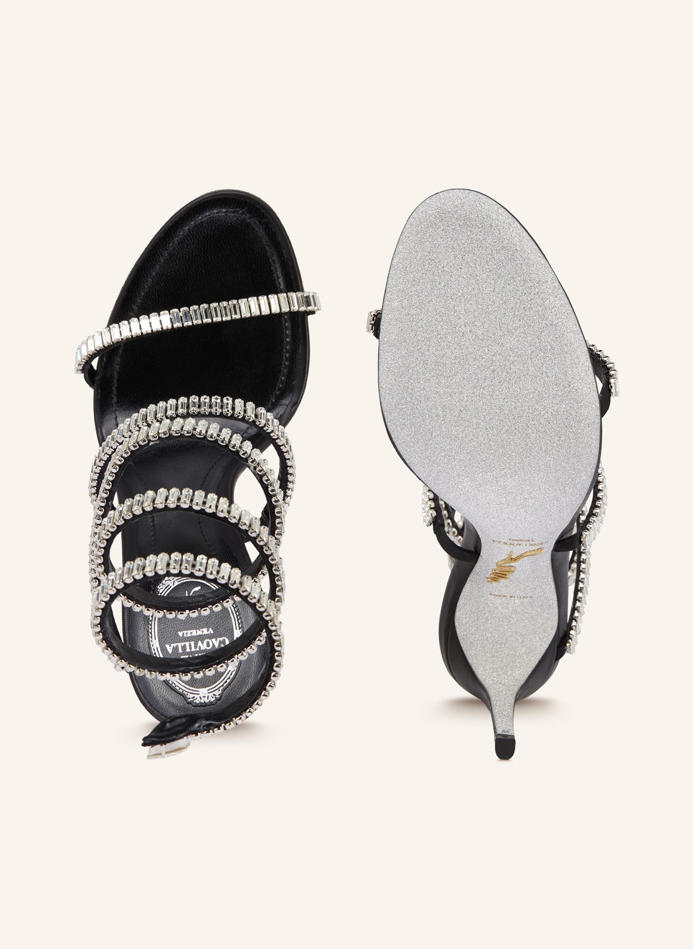 RENE CAOVILLA Sandaletten mit Schmucksteinen: SILBER / SCHWARZ