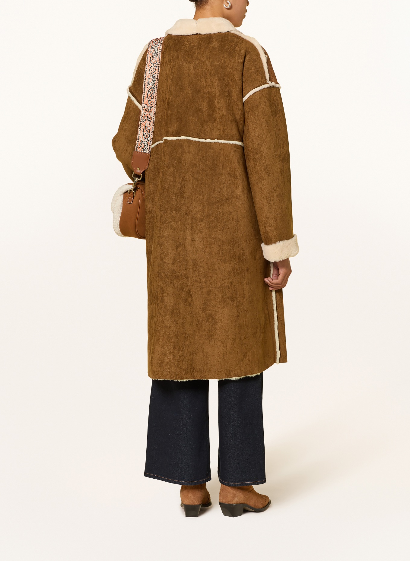 ELEH Mantel in Lederoptik mit Kunstfell: COGNAC