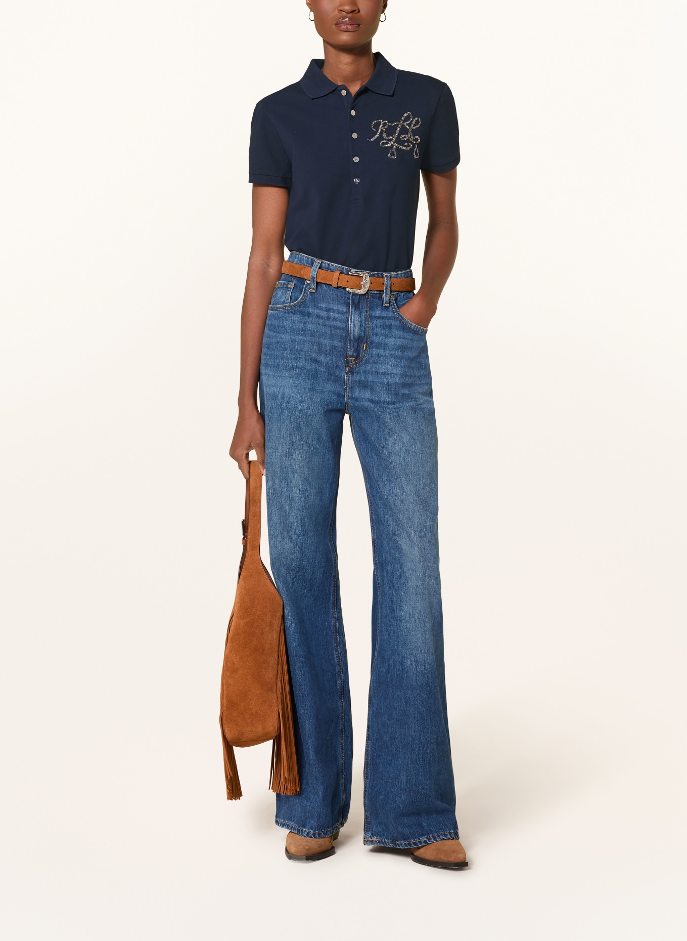 LAUREN RALPH LAUREN Jersey-Poloshirt mit Schmucksteinen: DUNKELBLAU / GOLD