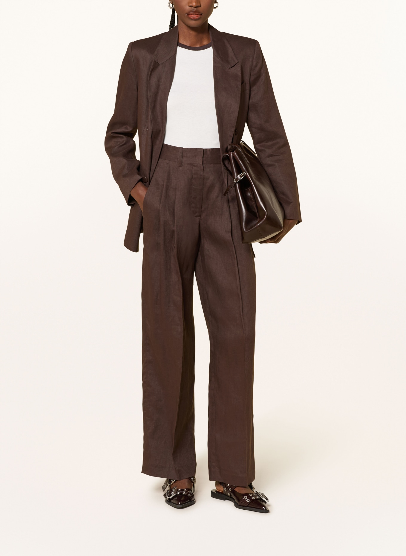 MRS & HUGS Lněné kalhoty Marlene: TMAVĚ HNĚDÁ