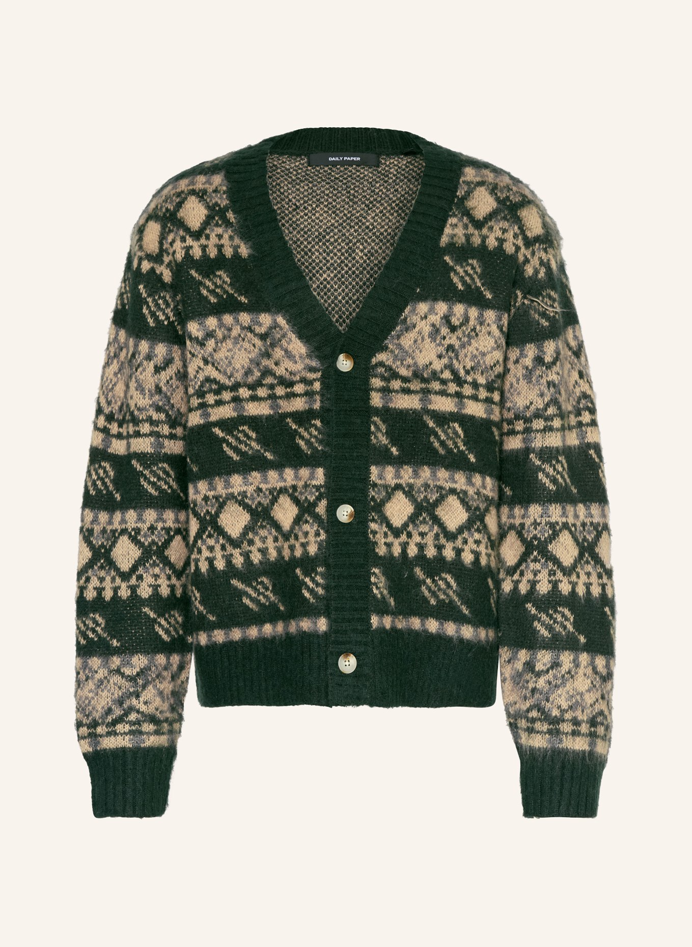 DAILY PAPER Strickjacke: DUNKELGRÜN / CREME / GRAU