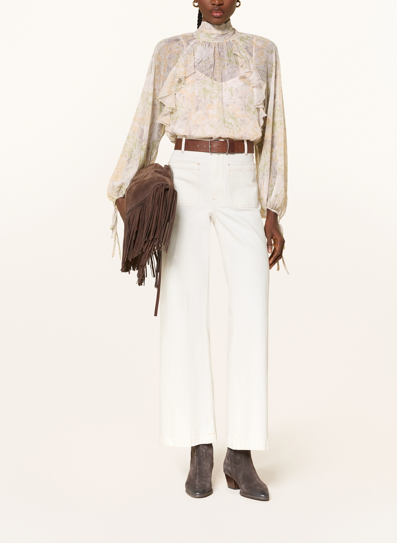 MRS & HUGS Bow-tie blouse with frills: ECRU / LIGHT GREEN / LIGHT ORANGE