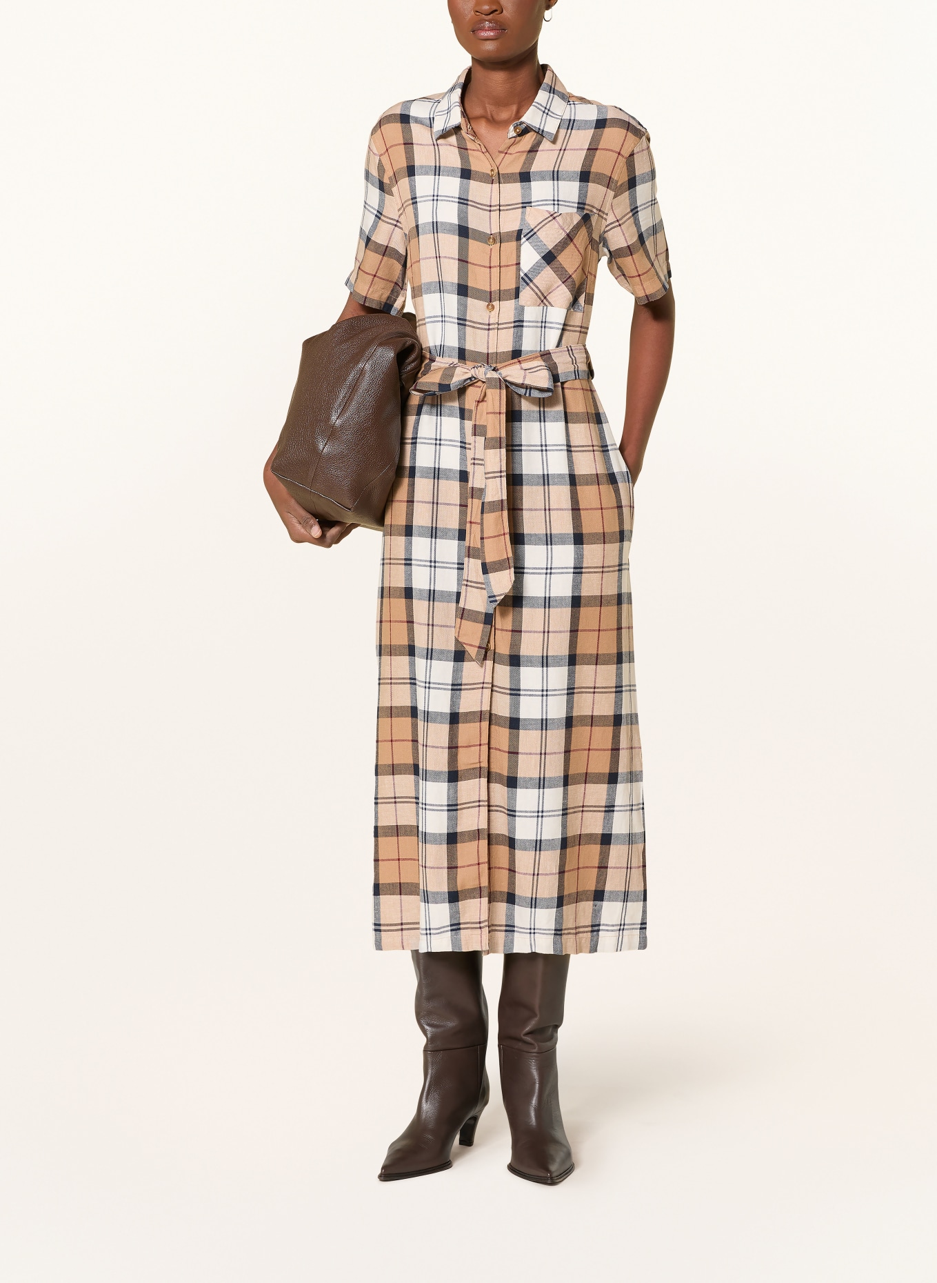 Barbour Košilové šaty FERN s lnem: BÉŽOVÁ / KRÉMOVÁ / TMAVĚ MODRÁ