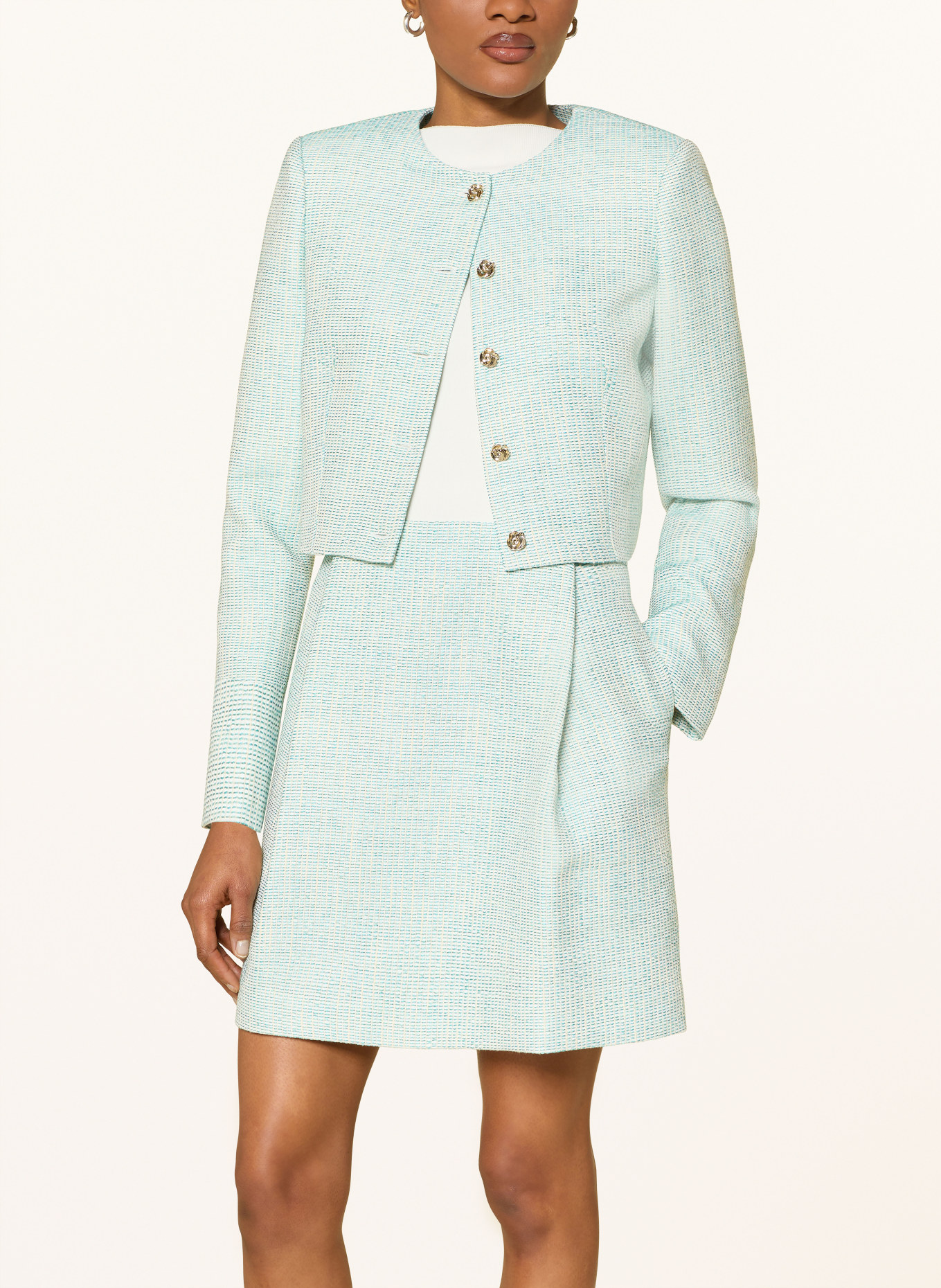 TED BAKER PREVIAM-etui-jurk in een mix van materialen: ECRU / LICHTGROEN / DONKERGROEN