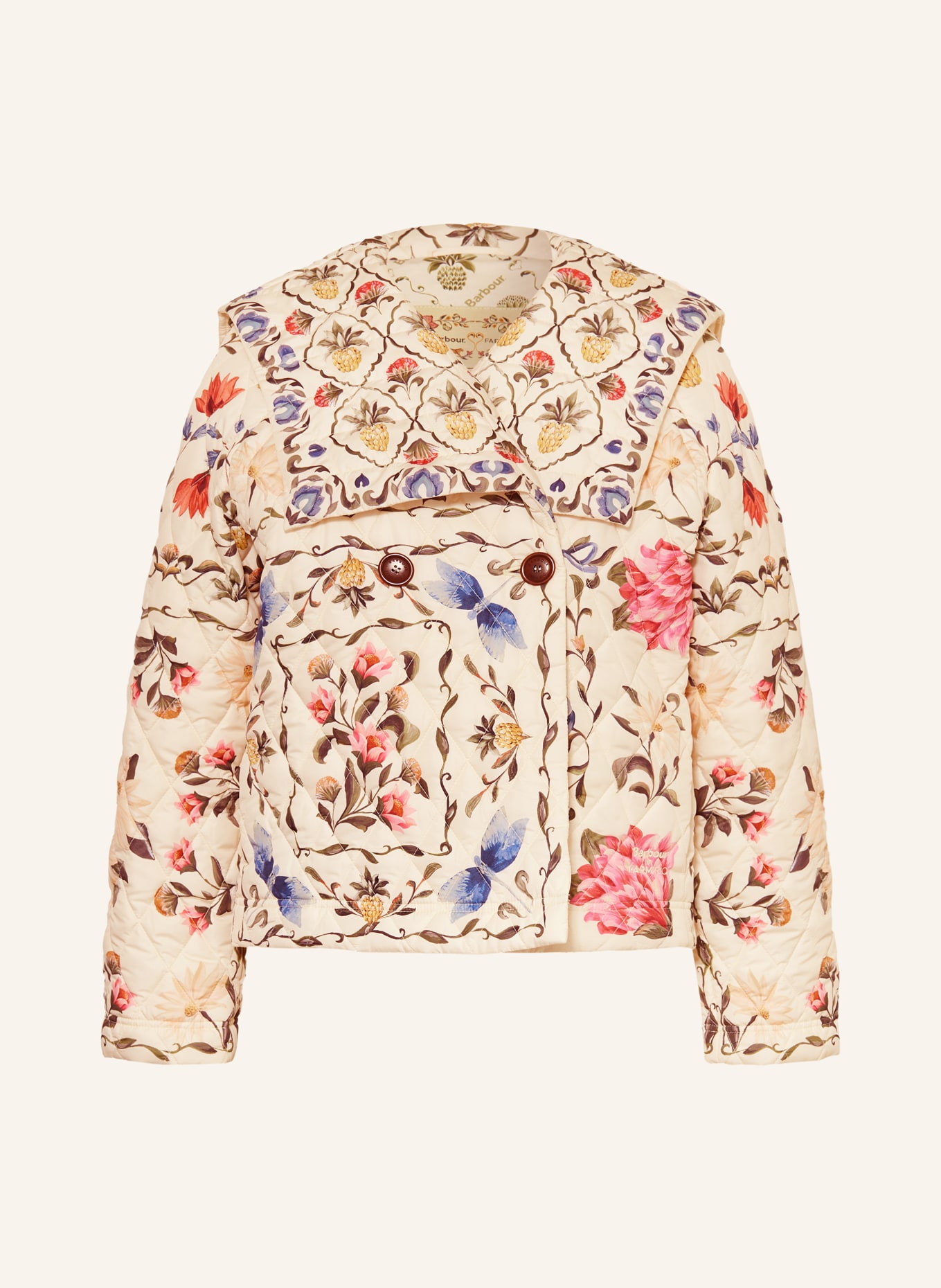 Barbour AZELIA Quilted Jacket: ECRU / PINK / DARK GREEN