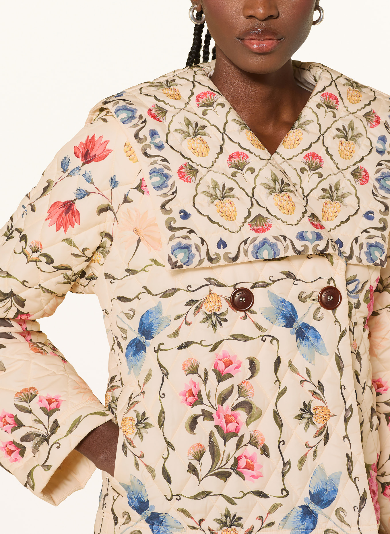 Barbour AZELIA Quilted Jacket: ECRU / PINK / DARK GREEN