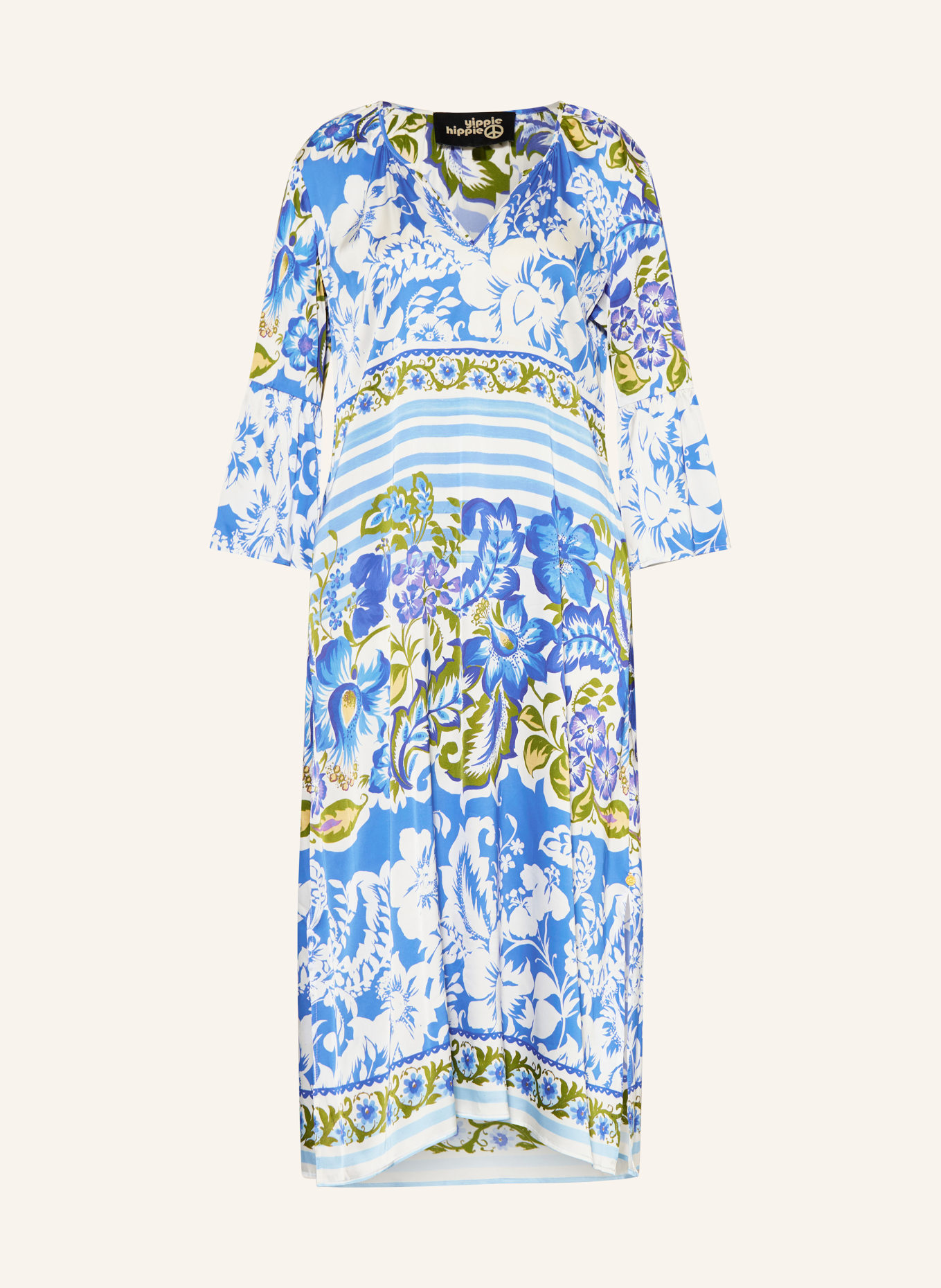 yippie hippie Satinkleid mit 3/4-Arm: HELLBLAU / OLIV / WEISS