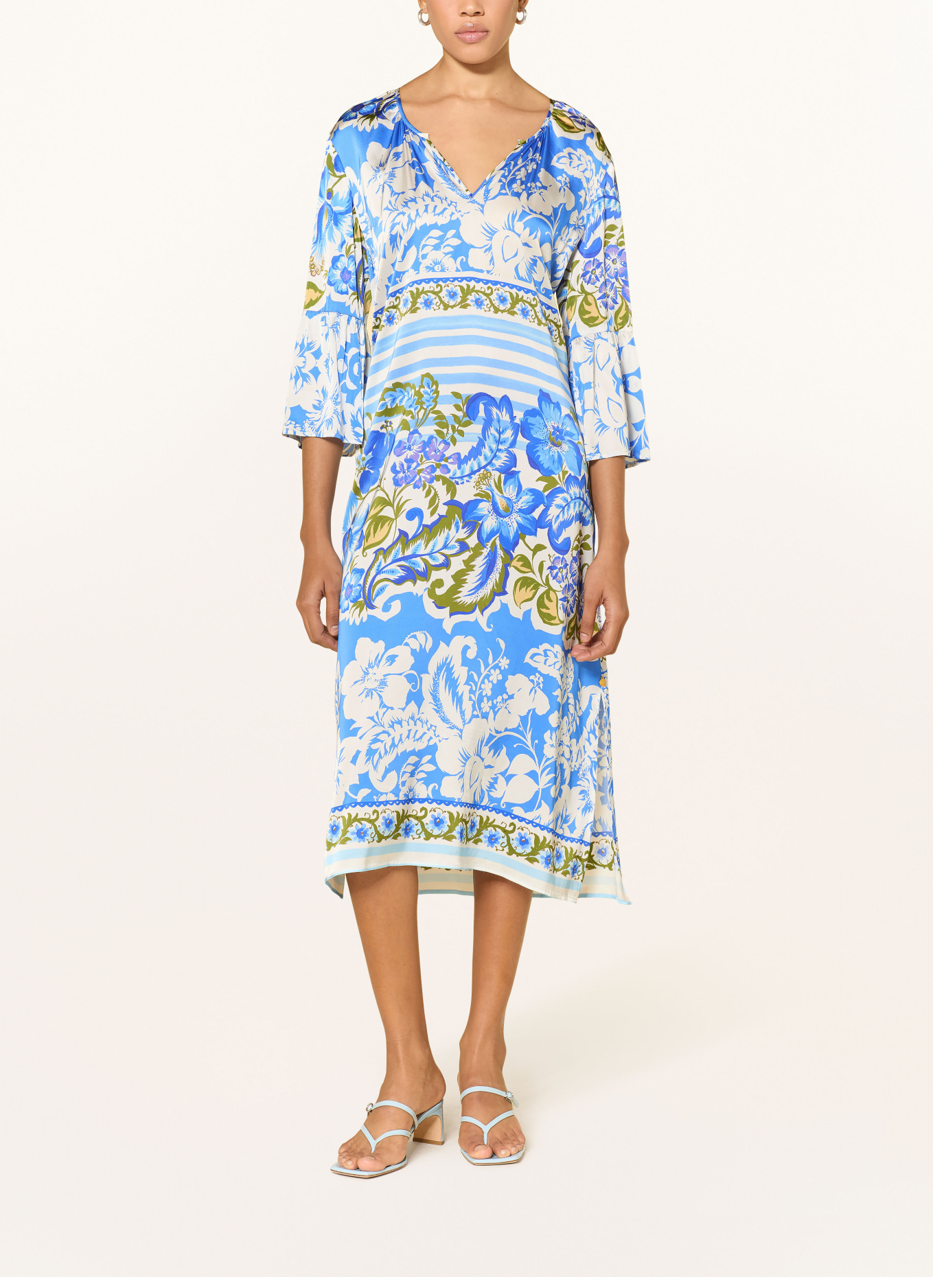 yippie hippie Satinkleid mit 3/4-Arm: HELLBLAU / OLIV / WEISS