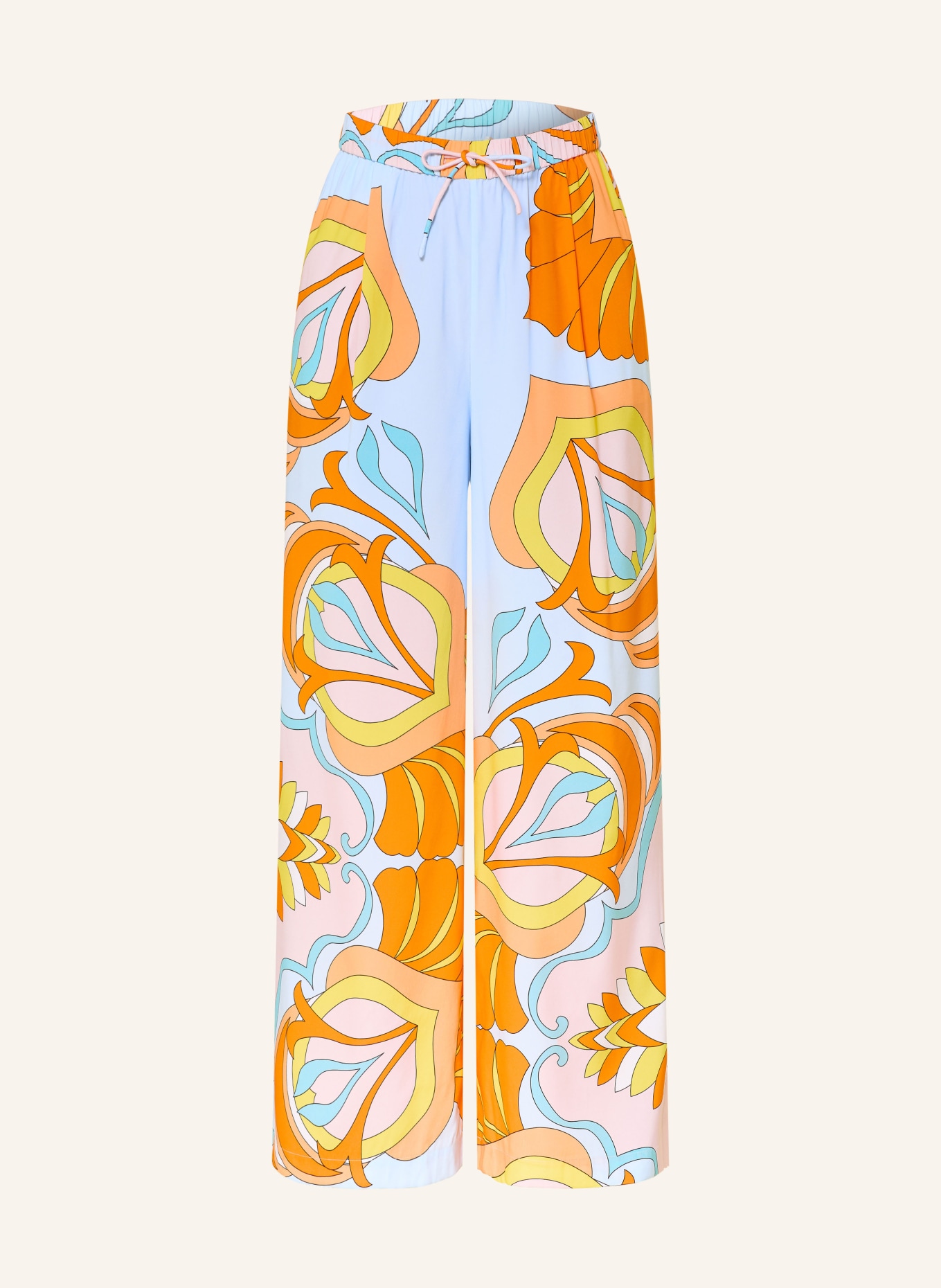 HERZENS Pantalon Marlene en soie: BLEU CLAIR / ORANGE / JAUNE