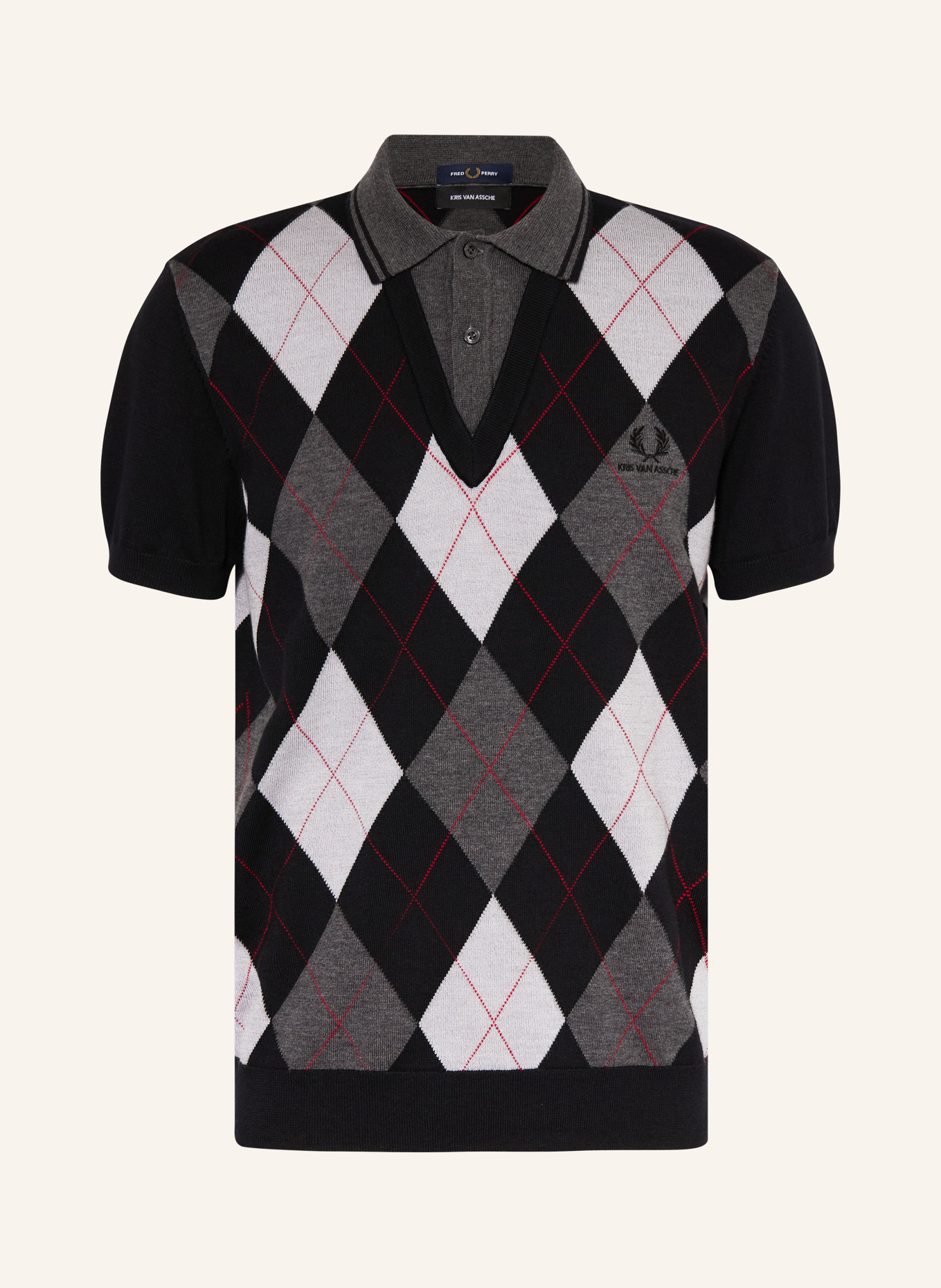 FRED PERRY Pletené polo tričko: ČERNÁ / ŠEDÁ / ČERVENÁ