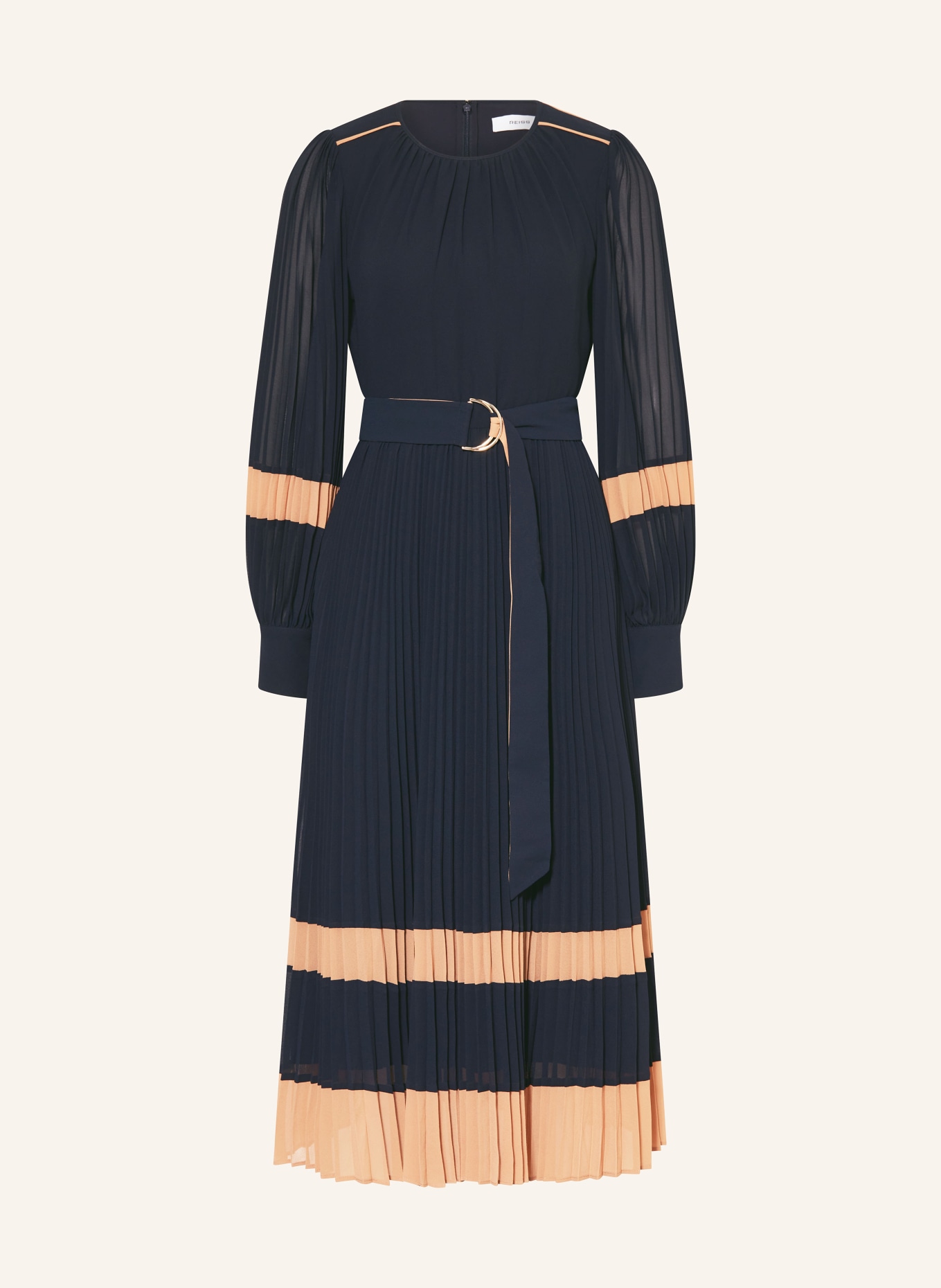 REISS Kleid TORI mit Plissees: DUNKELBLAU / HELLBRAUN