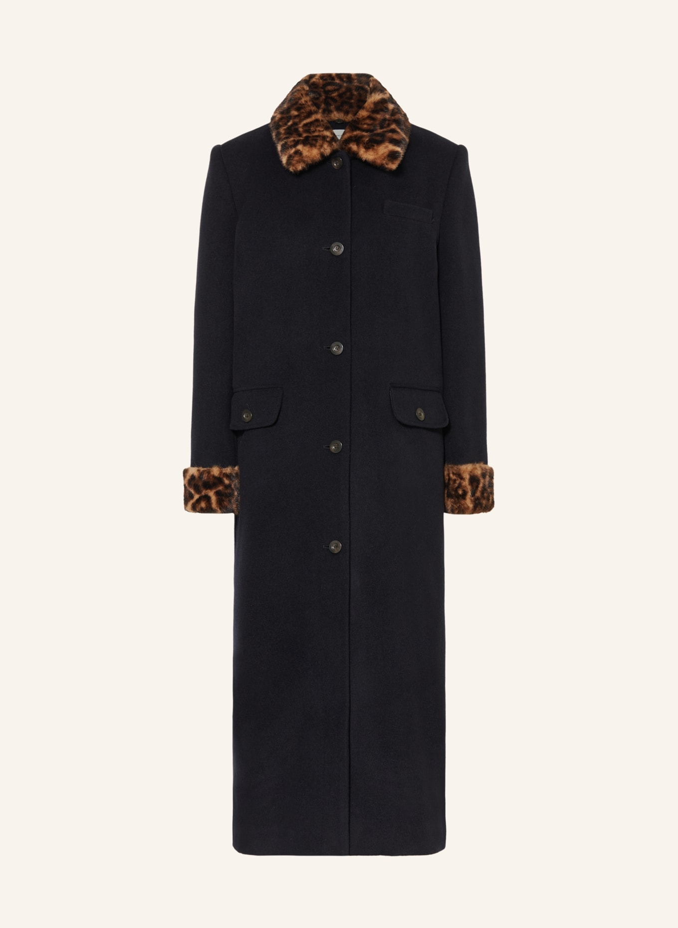 CLAUDIE PIERLOT Wollmantel mit Kunstfell: DUNKELBLAU / BRAUN / SCHWARZ