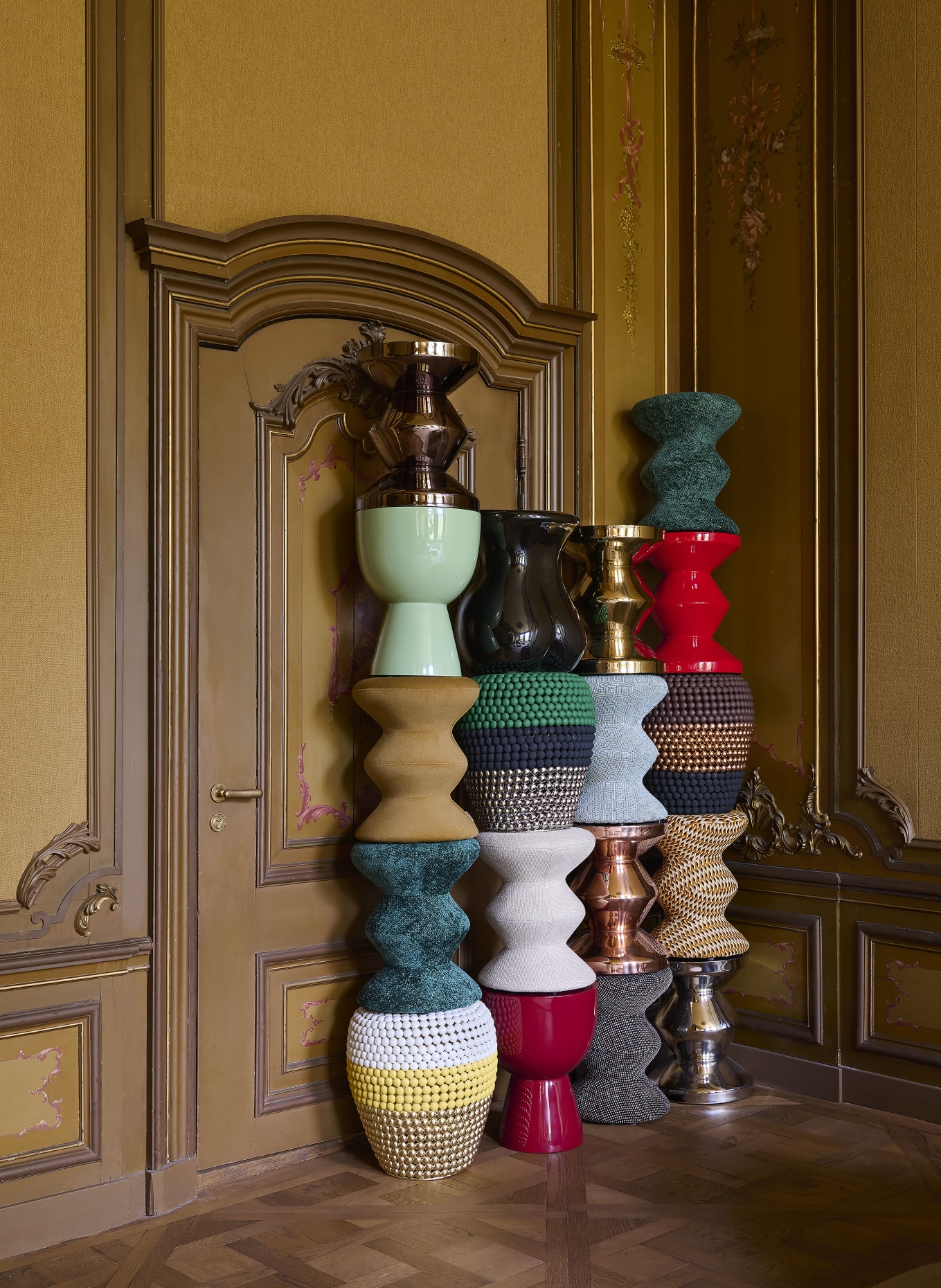 POLSPOTTEN Hocker ZIG ZAG: COGNAC / CREME / SCHWARZ