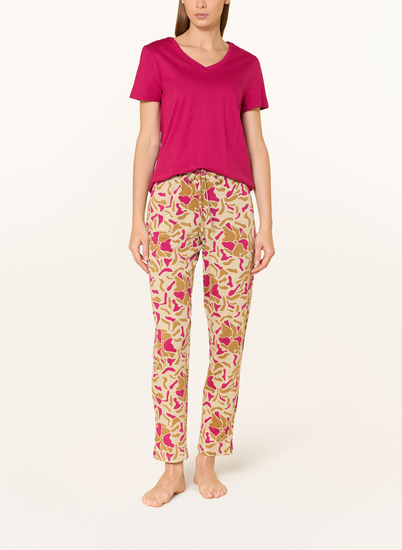 HANRO lounge pants: BEIGE / COGNAC / NEON RED