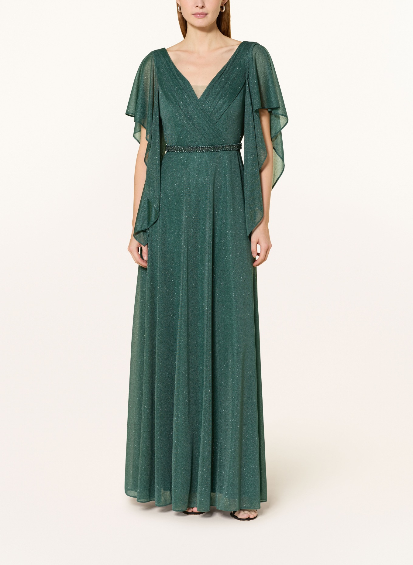 Vera Mont Evening gown with flounces and gemstones: DARK GREEN