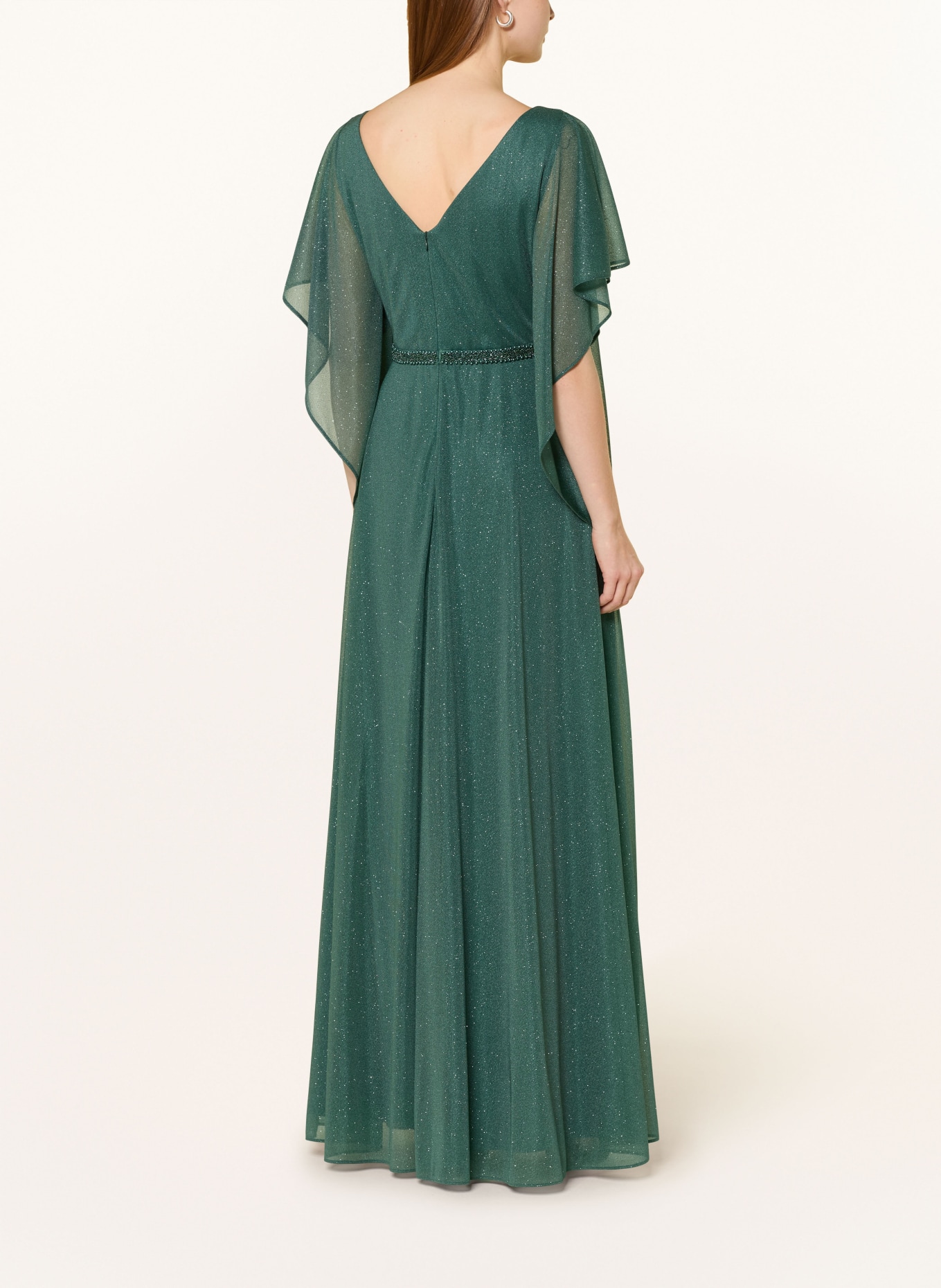 Vera Mont Evening gown with flounces and gemstones: DARK GREEN