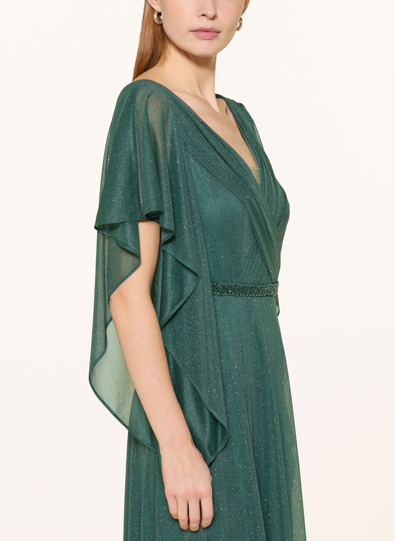 Vera Mont Evening gown with flounces and gemstones: DARK GREEN