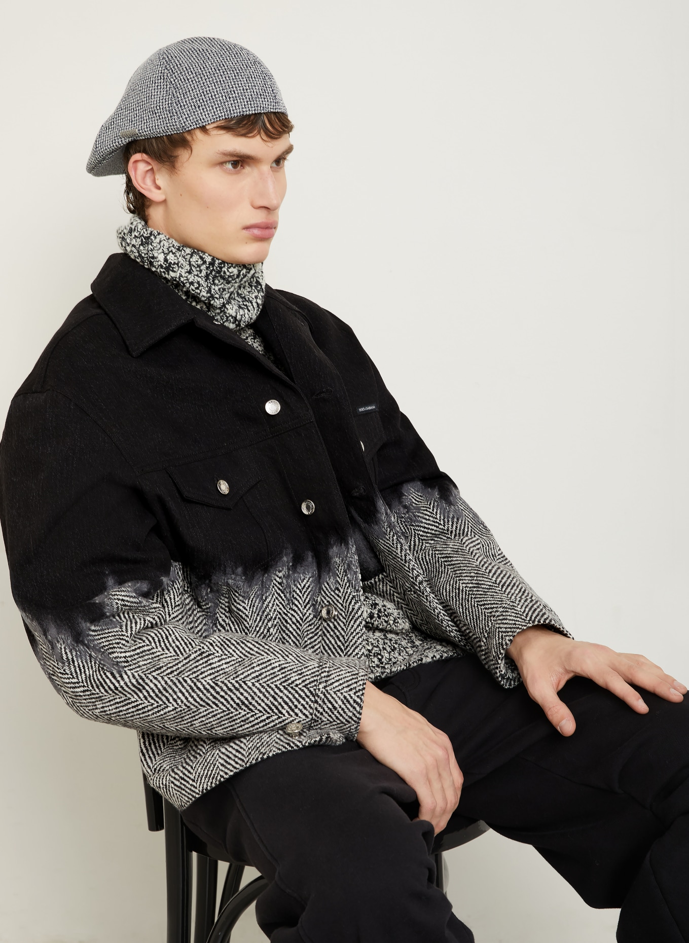 DOLCE & GABBANA Jeansjacke im Materialmix: SCHWARZ / ECRU