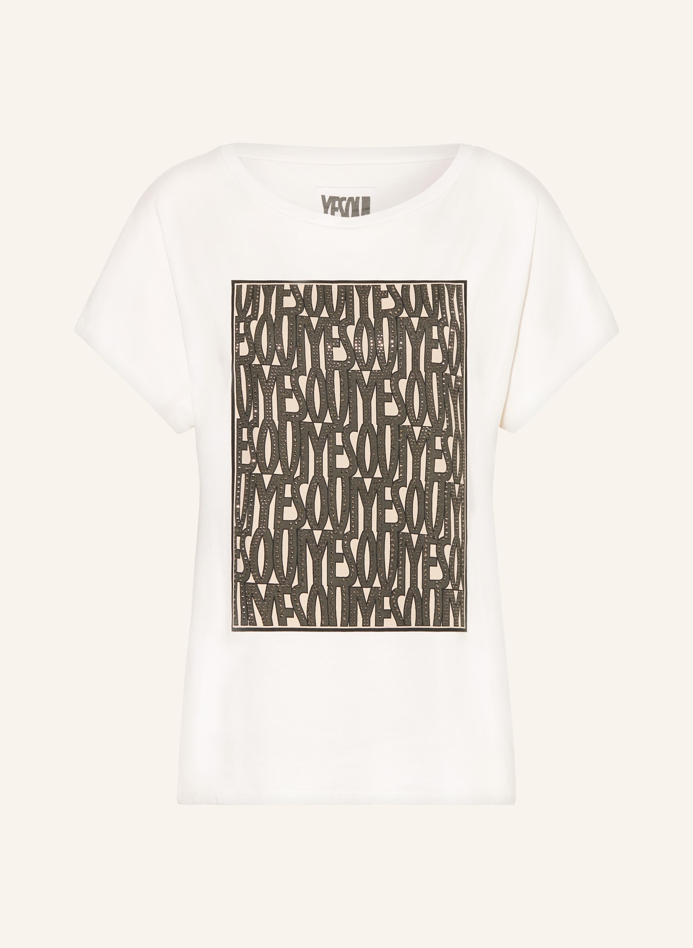 oui T-Shirt mit Schmucksteinen: WEISS / HELLBRAUN / DUNKELBRAUN