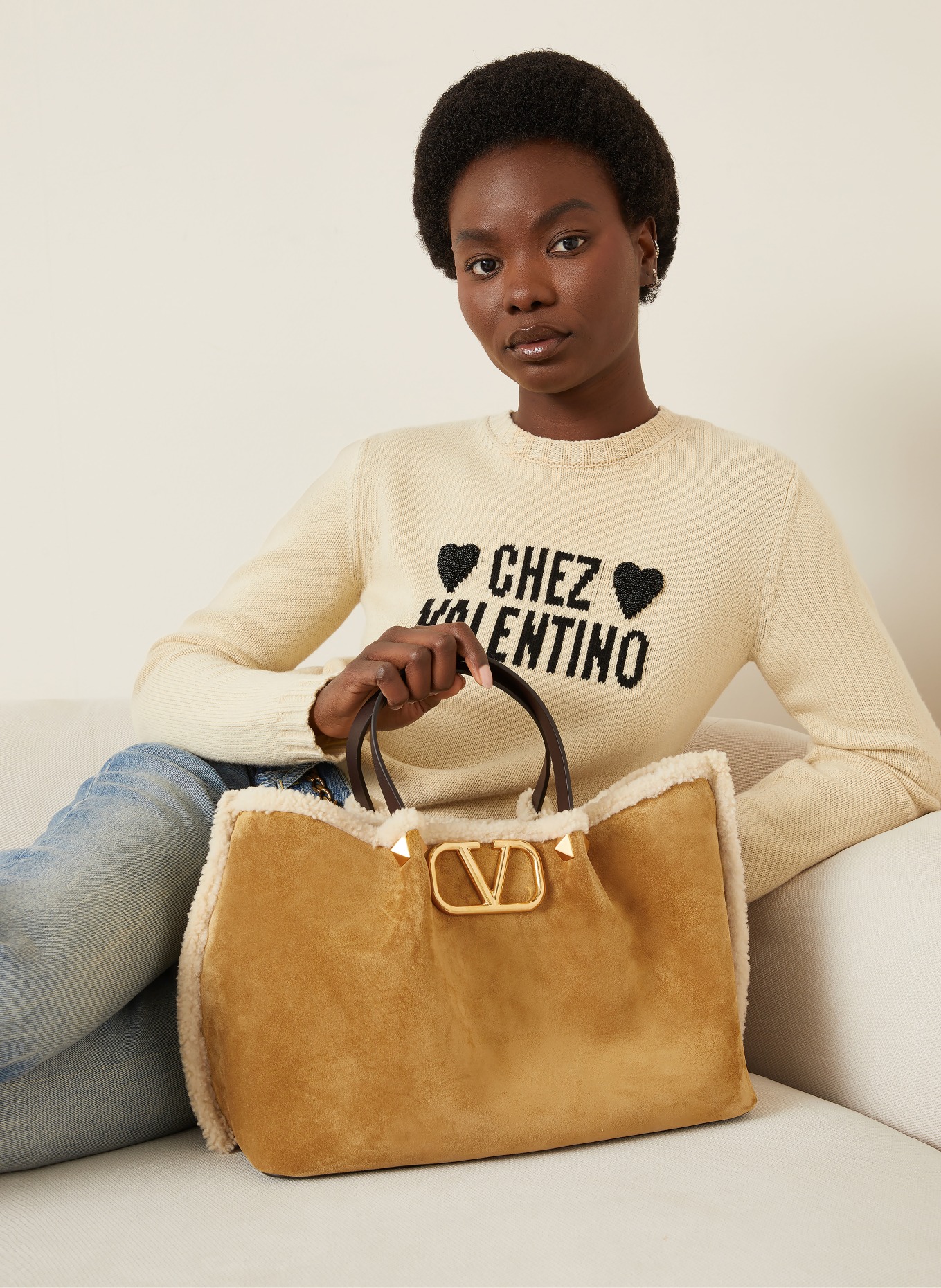 VALENTINO GARAVANI Shopper mit Pouch: BRAUN / CREME