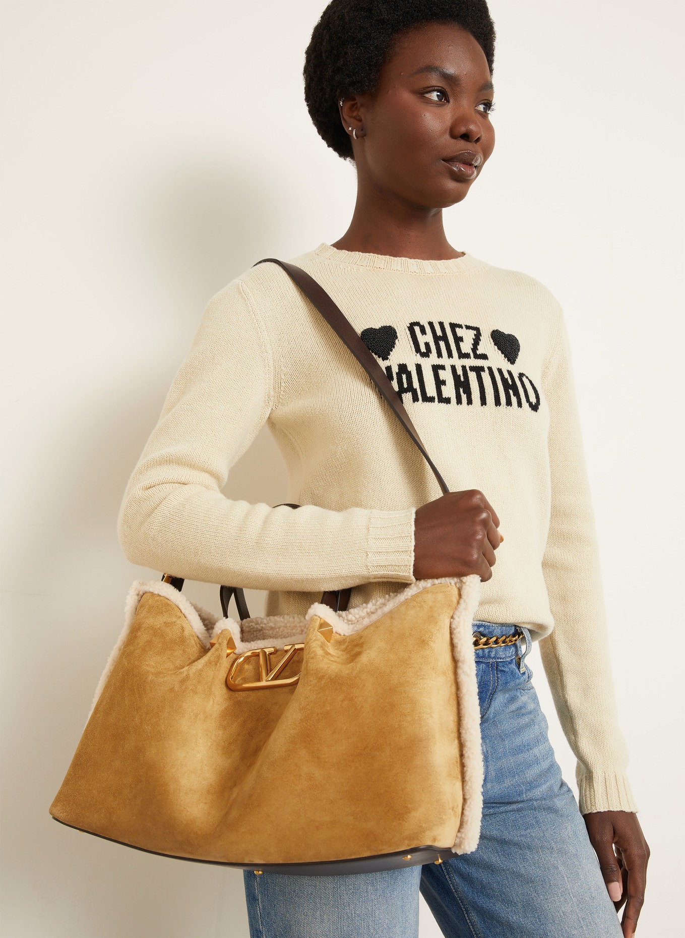 VALENTINO GARAVANI Shopper mit Pouch: BRAUN / CREME
