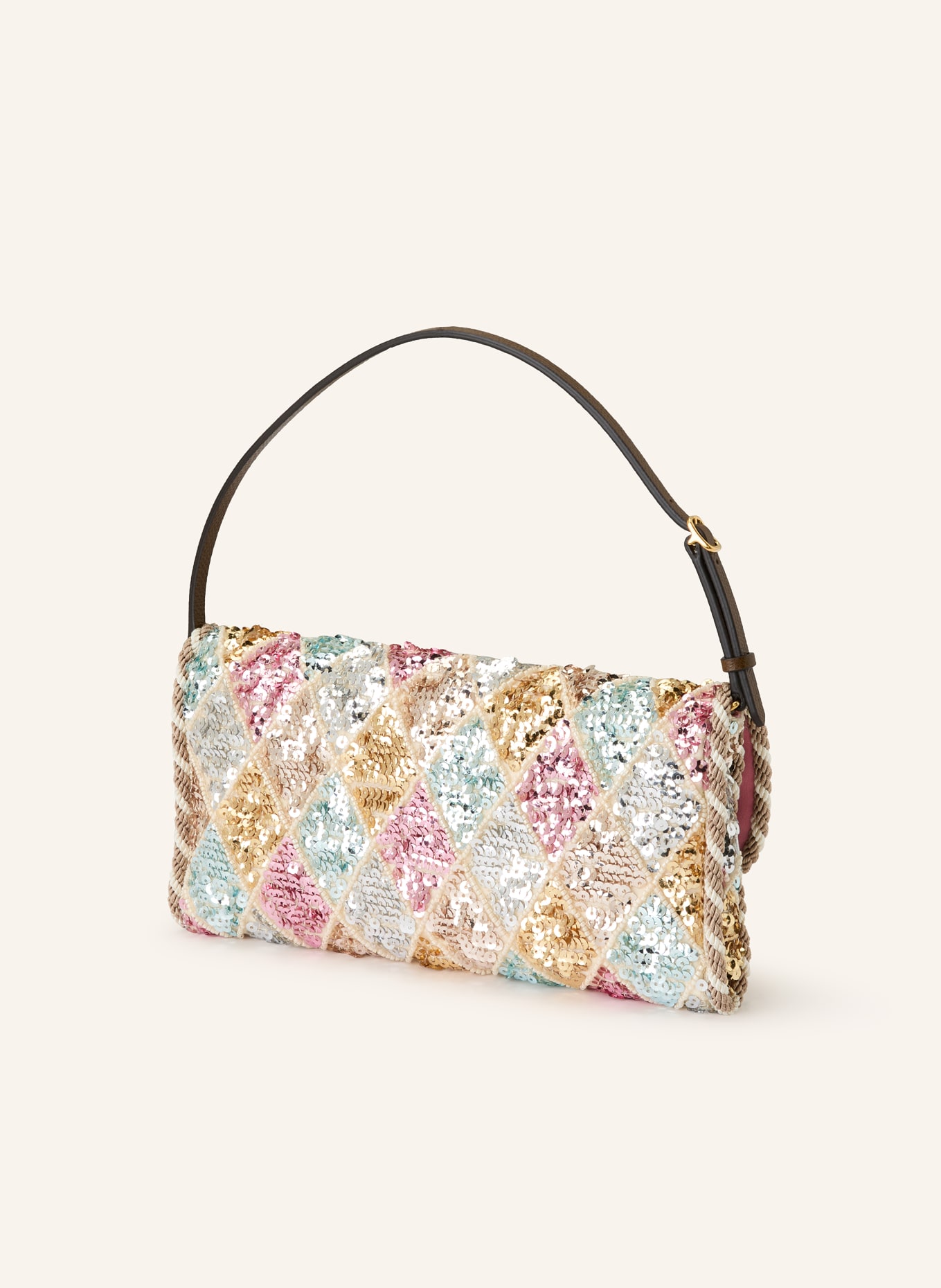 VALENTINO GARAVANI Clutch VAIN SOFT mit Pailletten: ROSA / GOLD / HELLBLAU