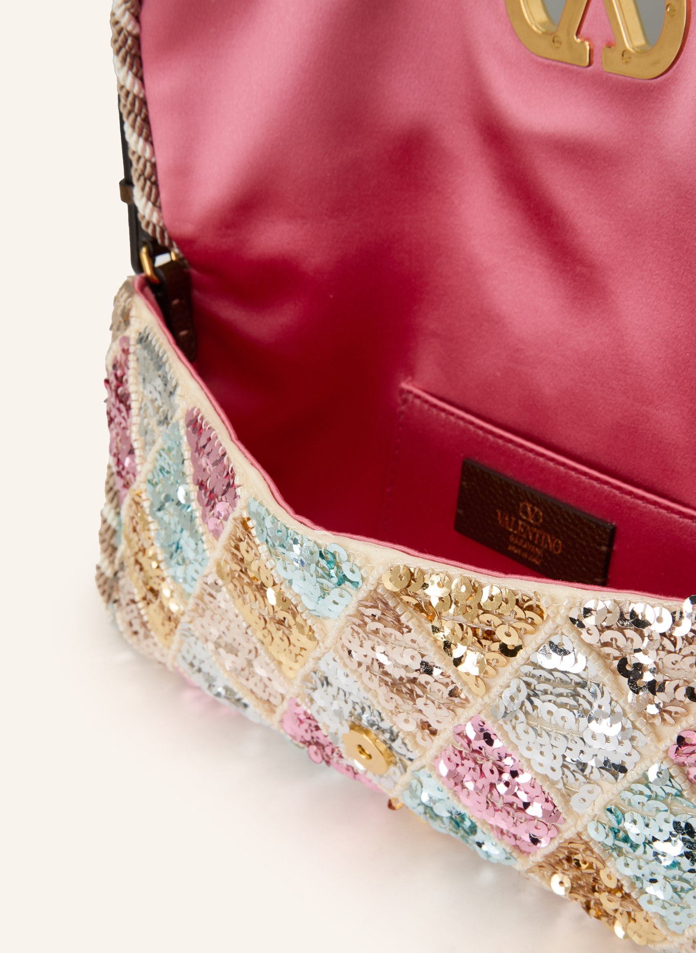 VALENTINO GARAVANI Clutch VAIN SOFT mit Pailletten: ROSA / GOLD / HELLBLAU