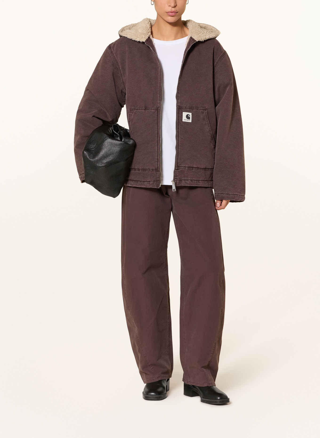 carhartt WIP Džínová bunda MITCH s umělou kožešinou: TMAVĚ HNĚDÁ / SVĚTLE HNĚDÁ