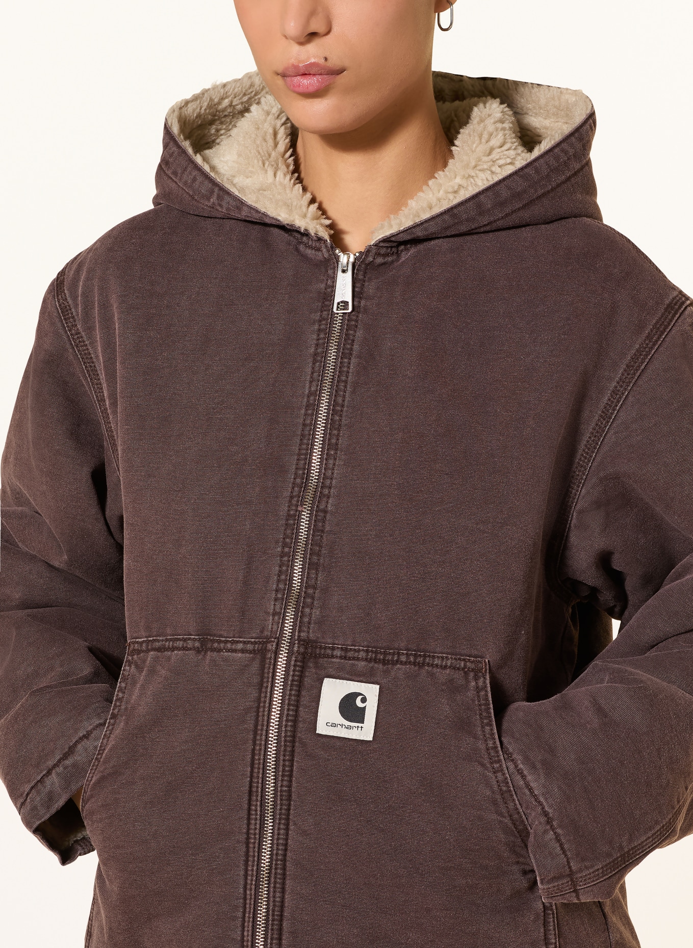 carhartt WIP Džínová bunda MITCH s umělou kožešinou: TMAVĚ HNĚDÁ / SVĚTLE HNĚDÁ