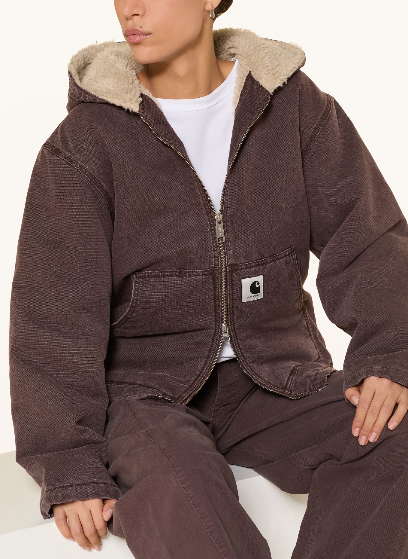 carhartt WIP Džínová bunda MITCH s umělou kožešinou: TMAVĚ HNĚDÁ / SVĚTLE HNĚDÁ