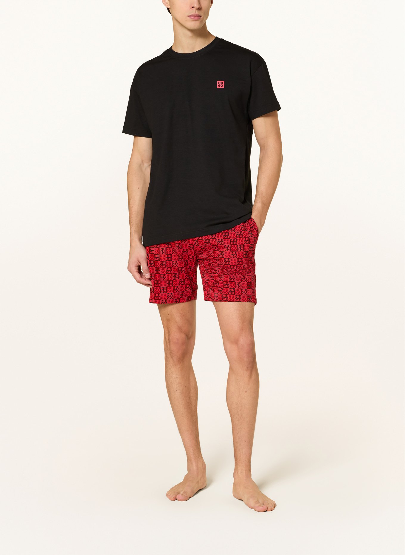 HUGO Krótkie piżamy AARON: CZARNY / CZERWONY