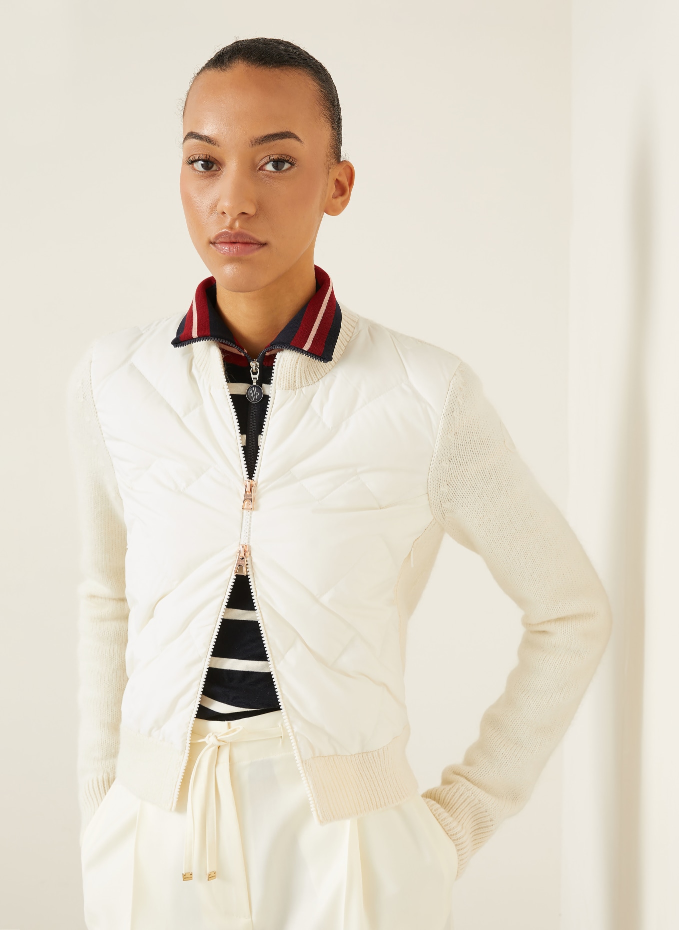 MONCLER Strickjacke im Materialmix: CREME / ROSÉGOLD / WEISS