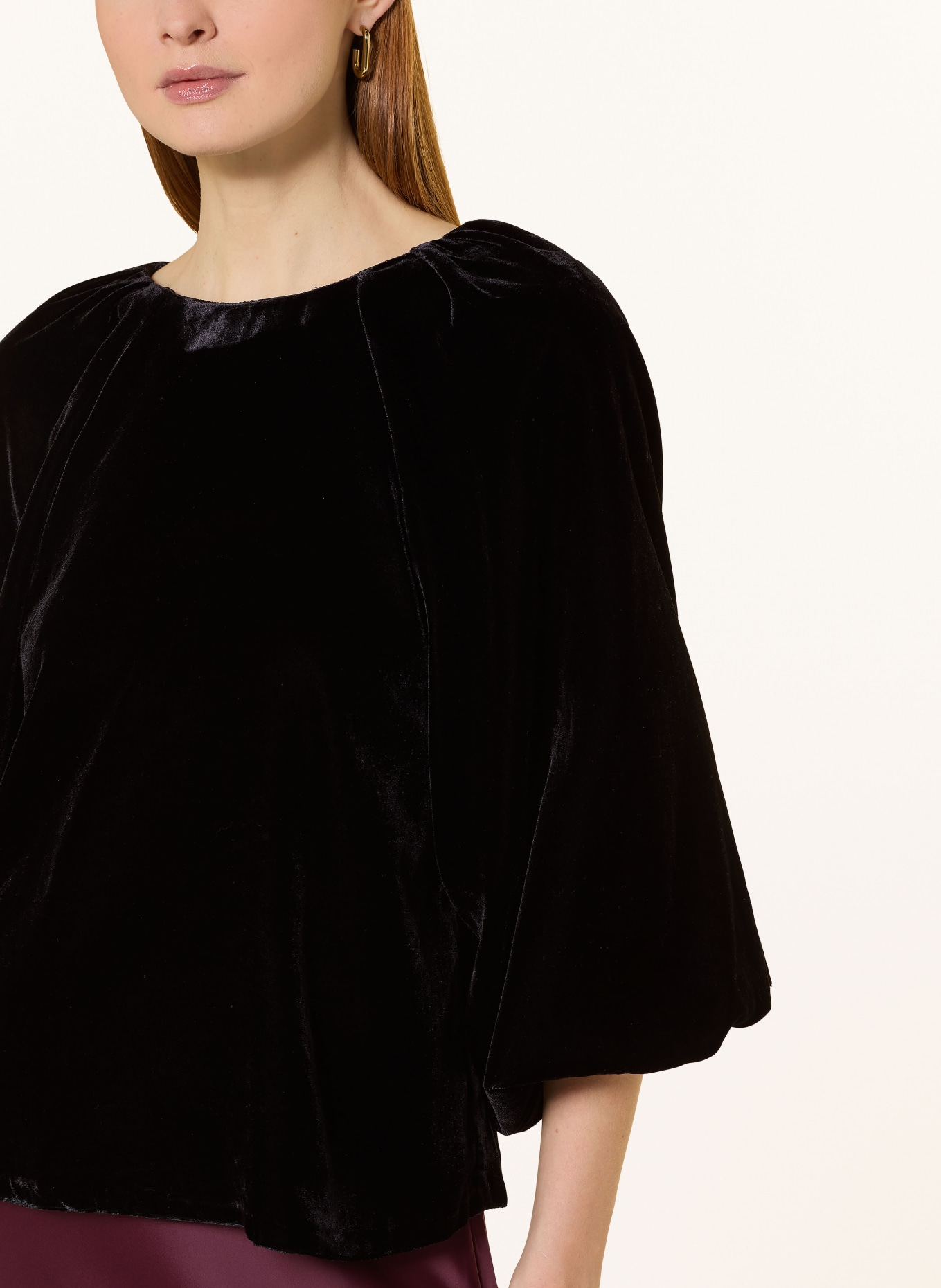 SELECTED Femme Blusentop aus Samt mit 3/4-Arm: SCHWARZ