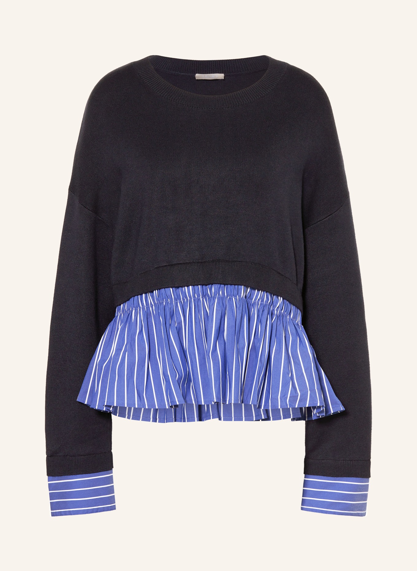 LIU JO Pullover im Materialmix mit Schmucksteinen: DUNKELBLAU / BLAU / WEISS