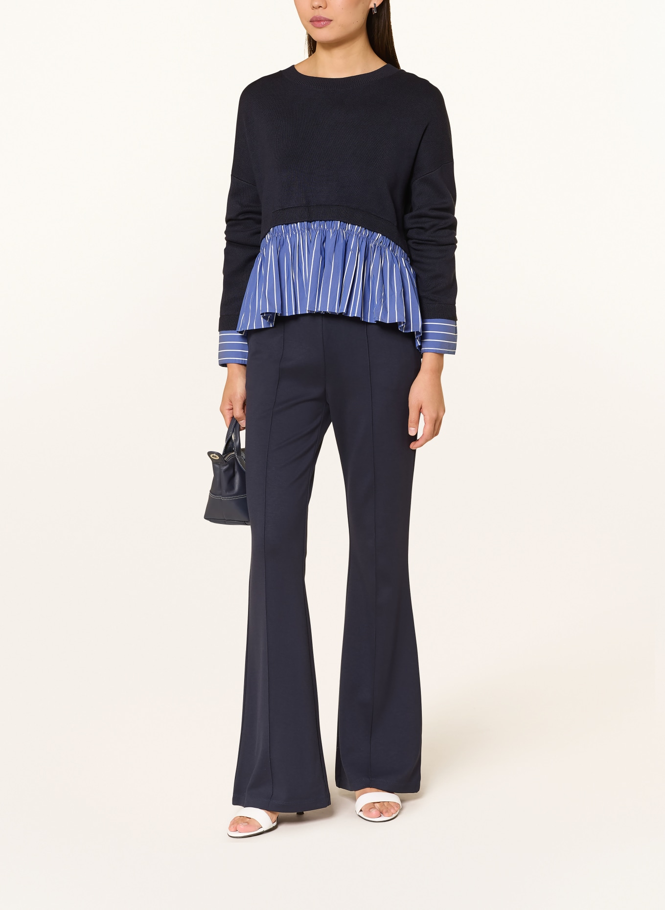 LIU JO Pullover im Materialmix mit Schmucksteinen: DUNKELBLAU / BLAU / WEISS