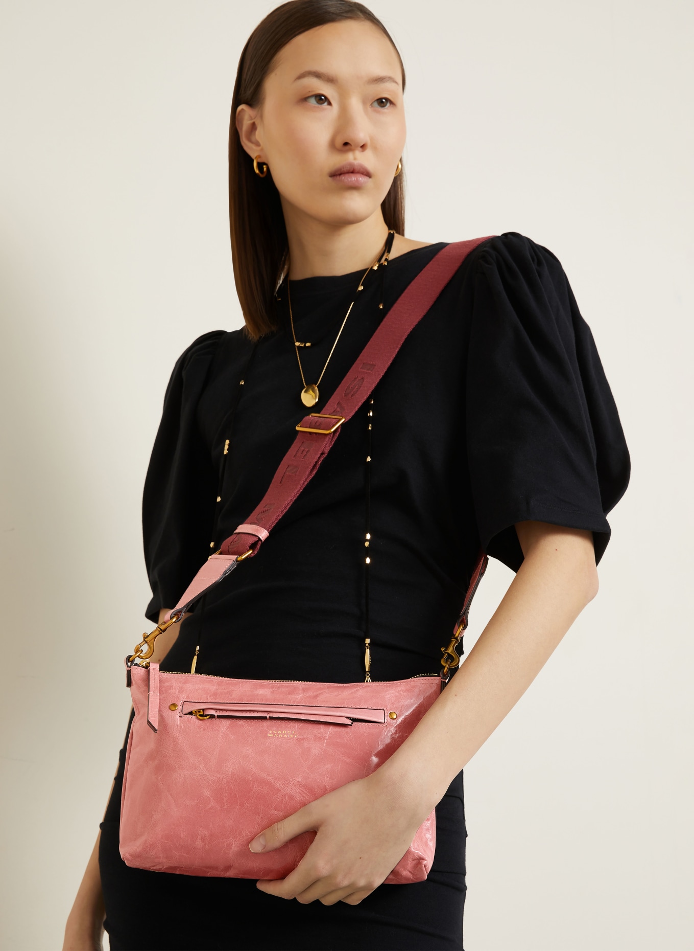 ISABEL MARANT Umhängetasche NESSAH: ALTROSA / GOLD / DUNKELROT