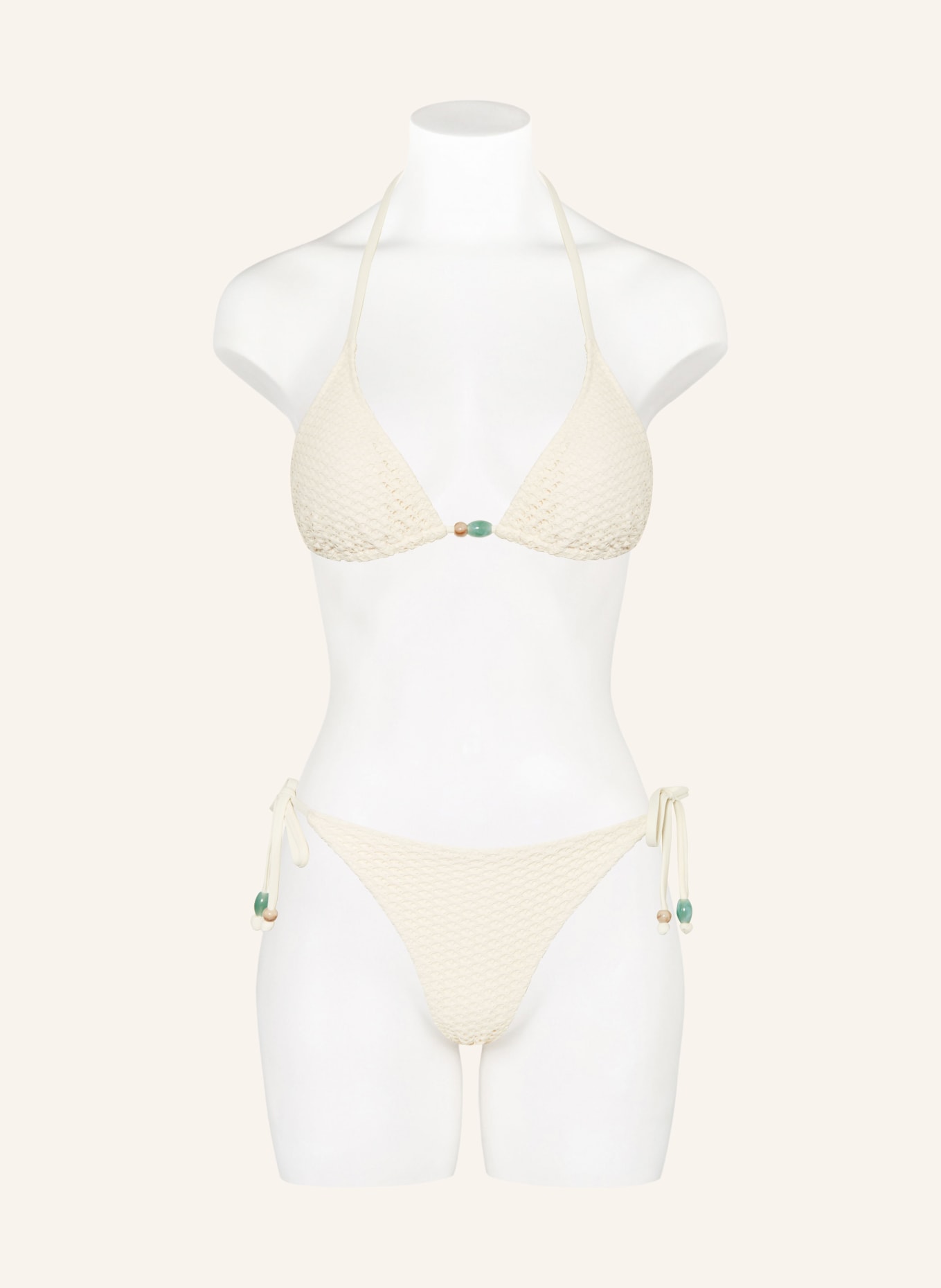 MRS & HUGS Triangel-Bikini-Top mit Schmuckperlen: ECRU / HELLBRAUN / TÜRKIS