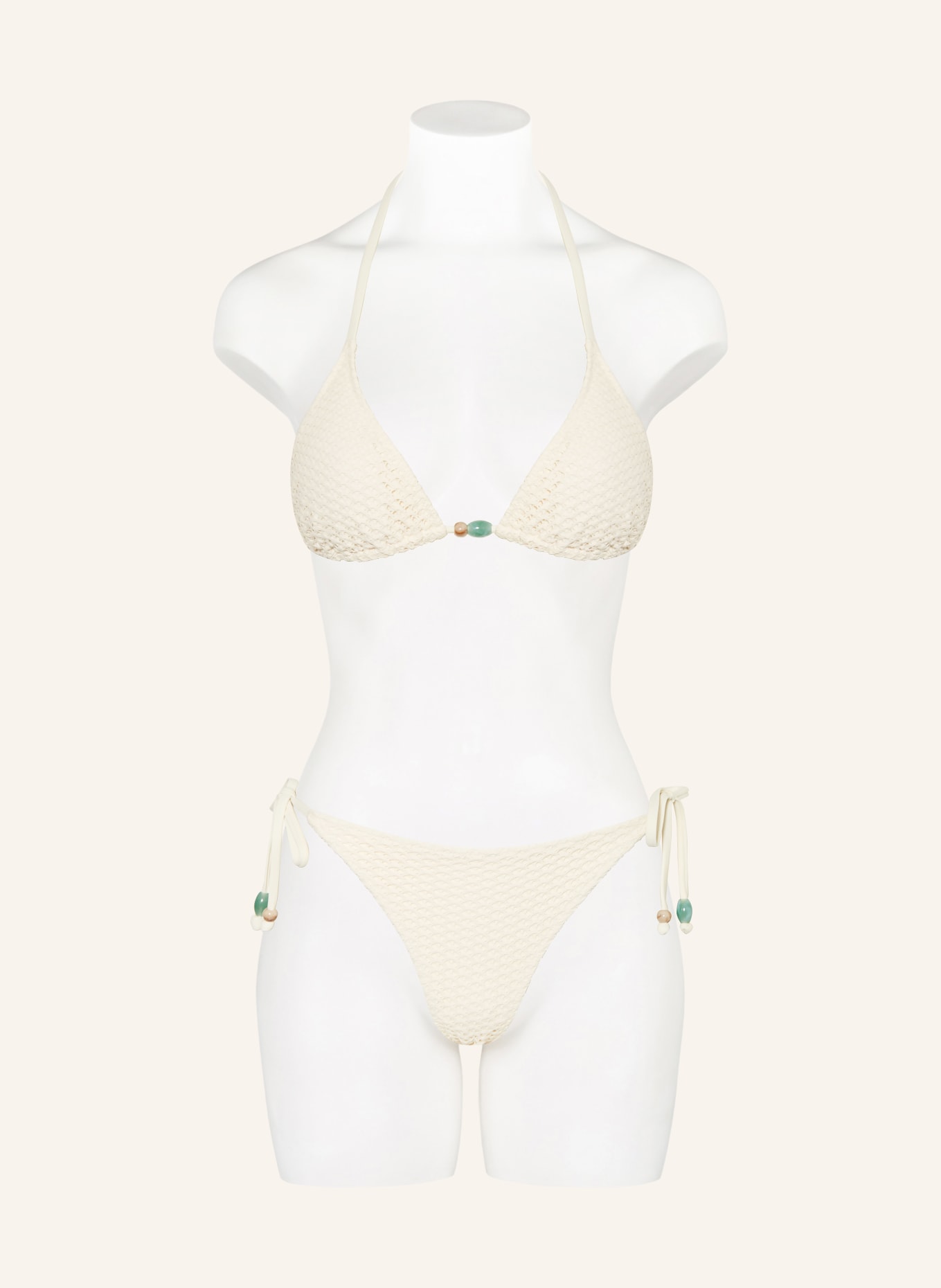 MRS & HUGS Triangle bikini bottoms with decorative pearls: ECRU / LIGHT BROWN / TURQUOISE