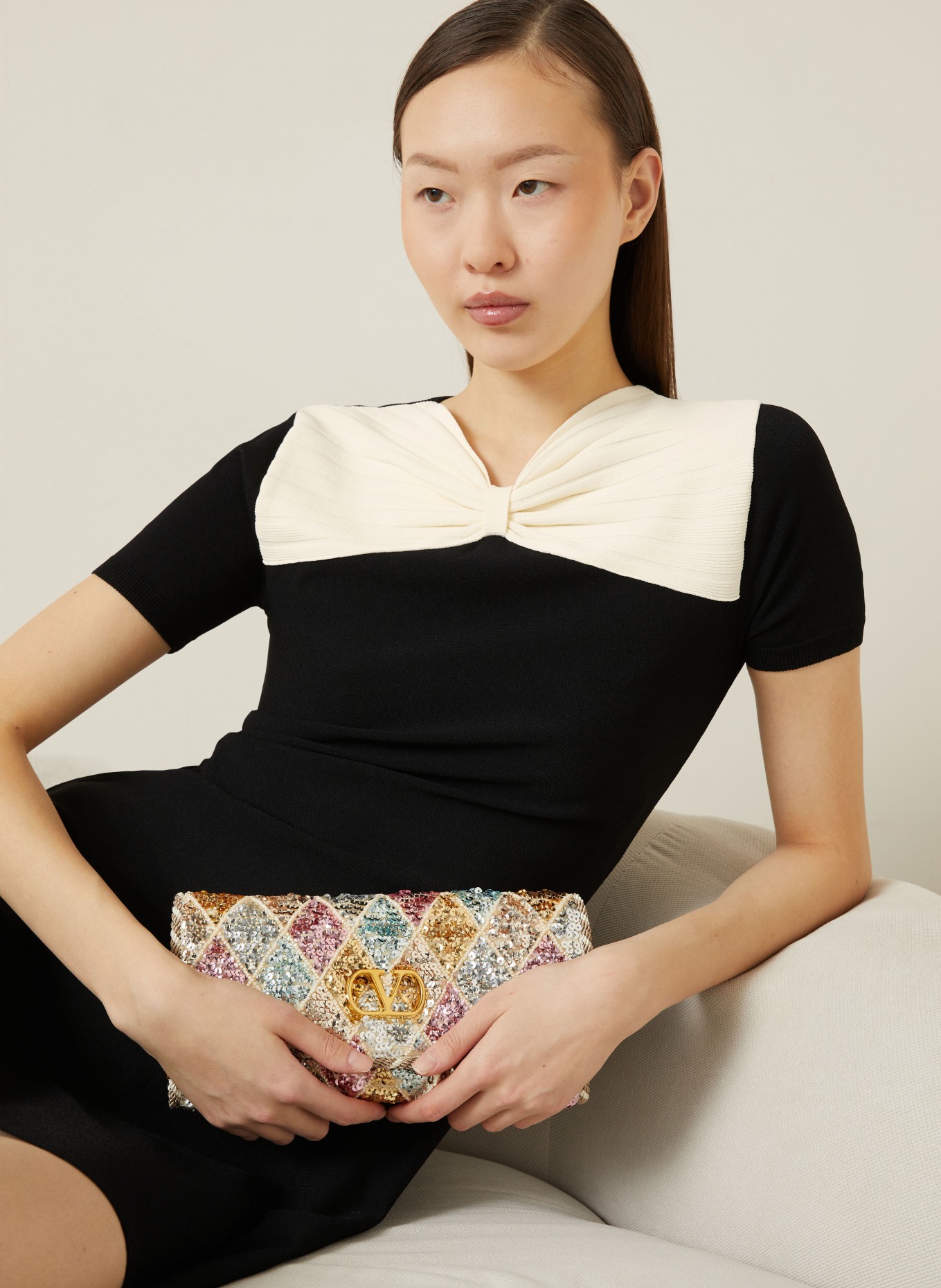 VALENTINO Strickkleid: SCHWARZ / CREME