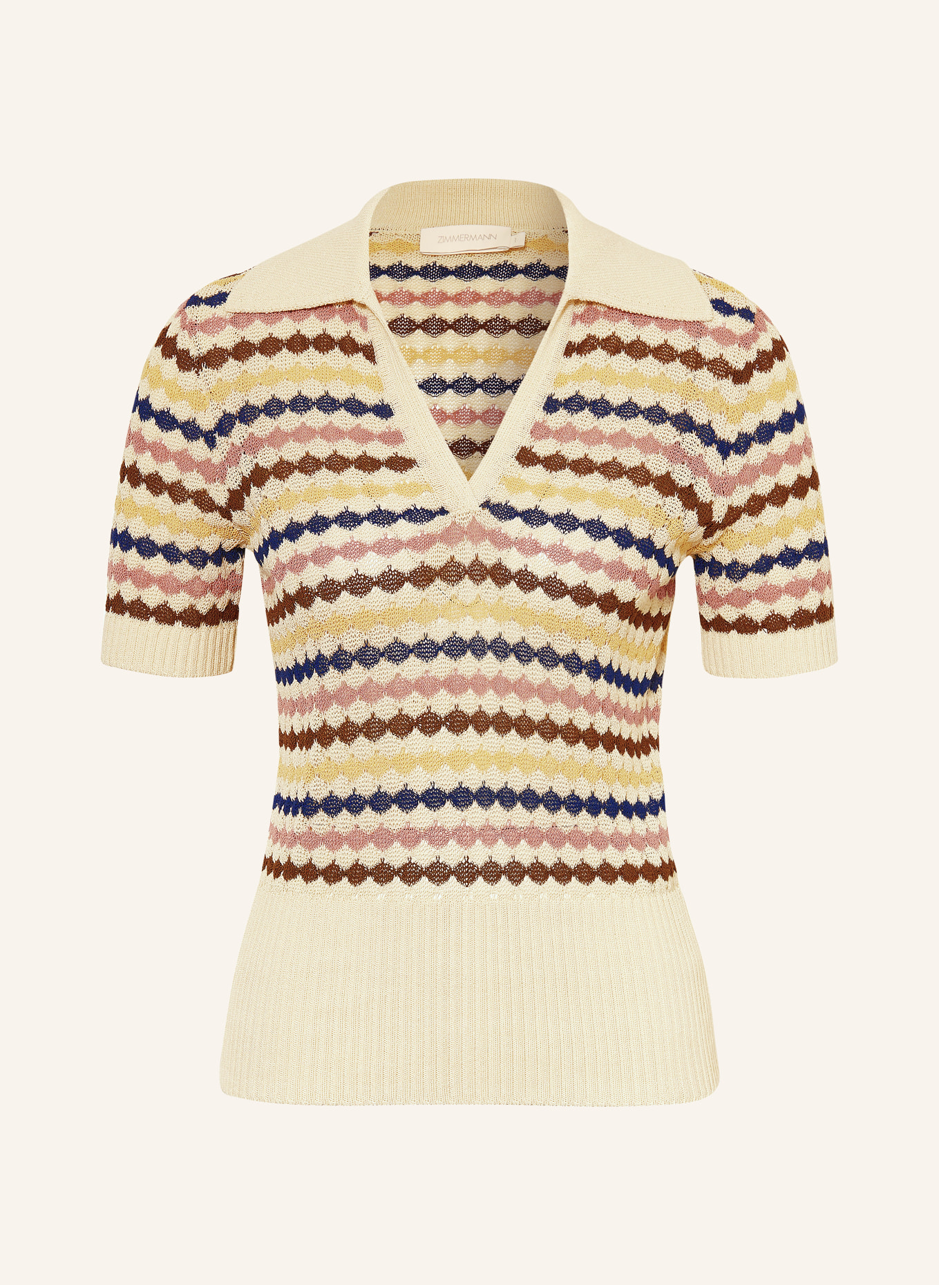 ZIMMERMANN Strick-Poloshirt: CREME / DUNKELBRAUN / DUNKELBLAU