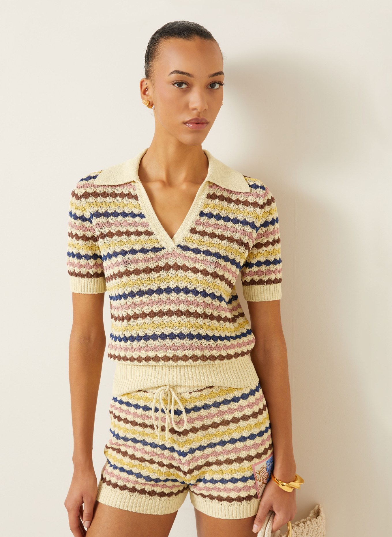 ZIMMERMANN Strick-Poloshirt: CREME / DUNKELBRAUN / DUNKELBLAU