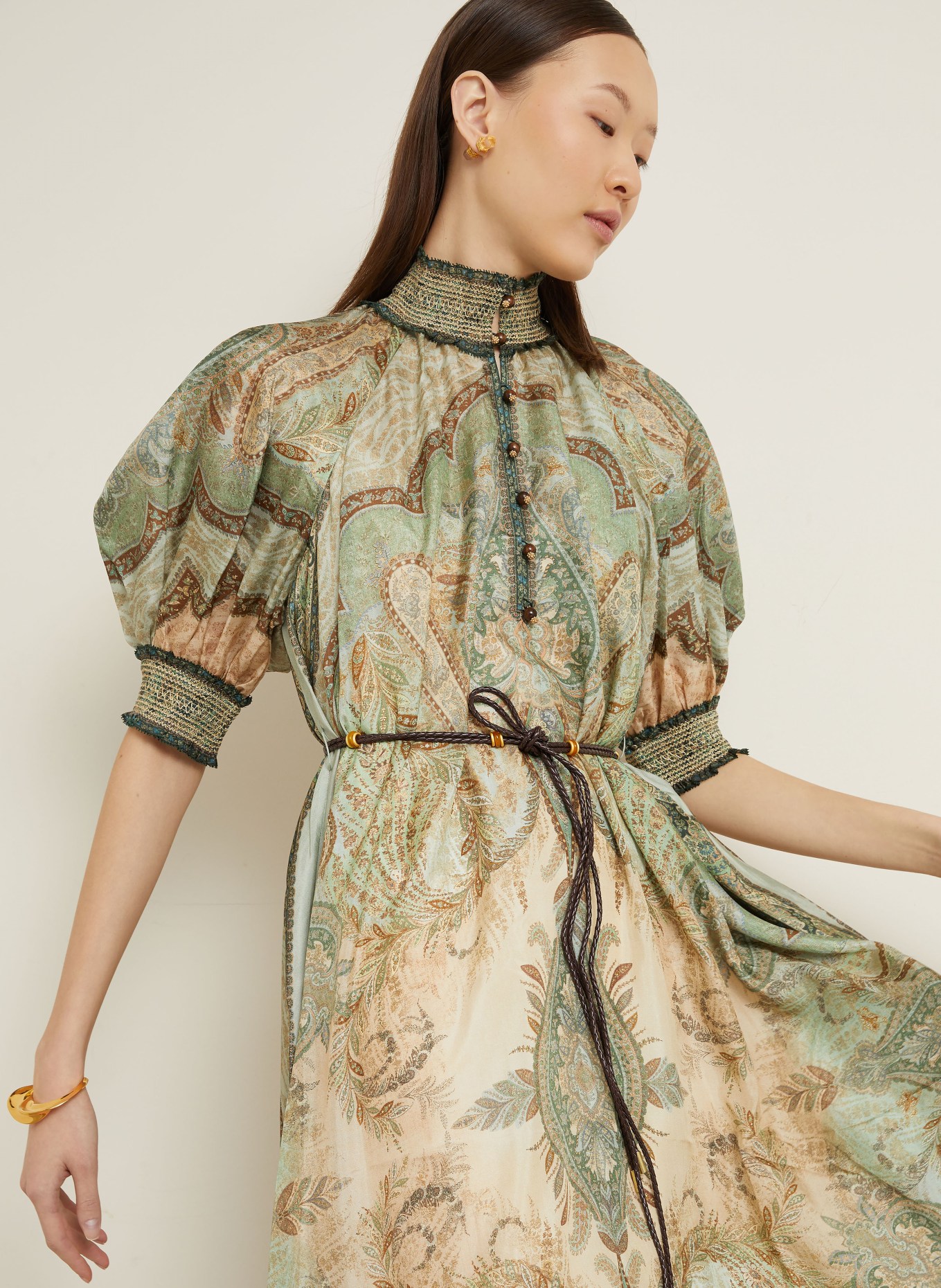 ZIMMERMANN Seidenkleid WANDERLUST: MINT / BRAUN / ECRU