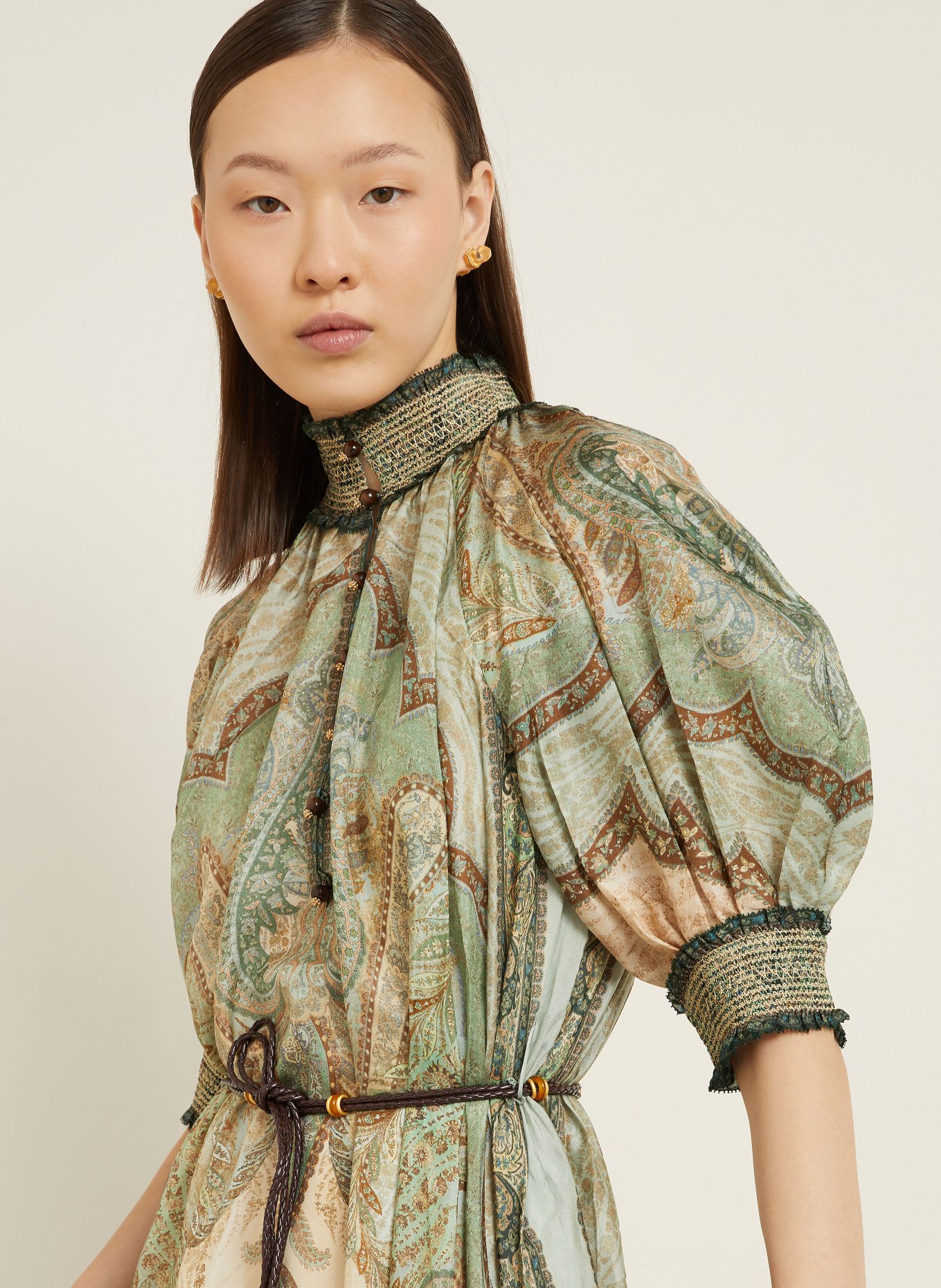 ZIMMERMANN Seidenkleid WANDERLUST: MINT / BRAUN / ECRU