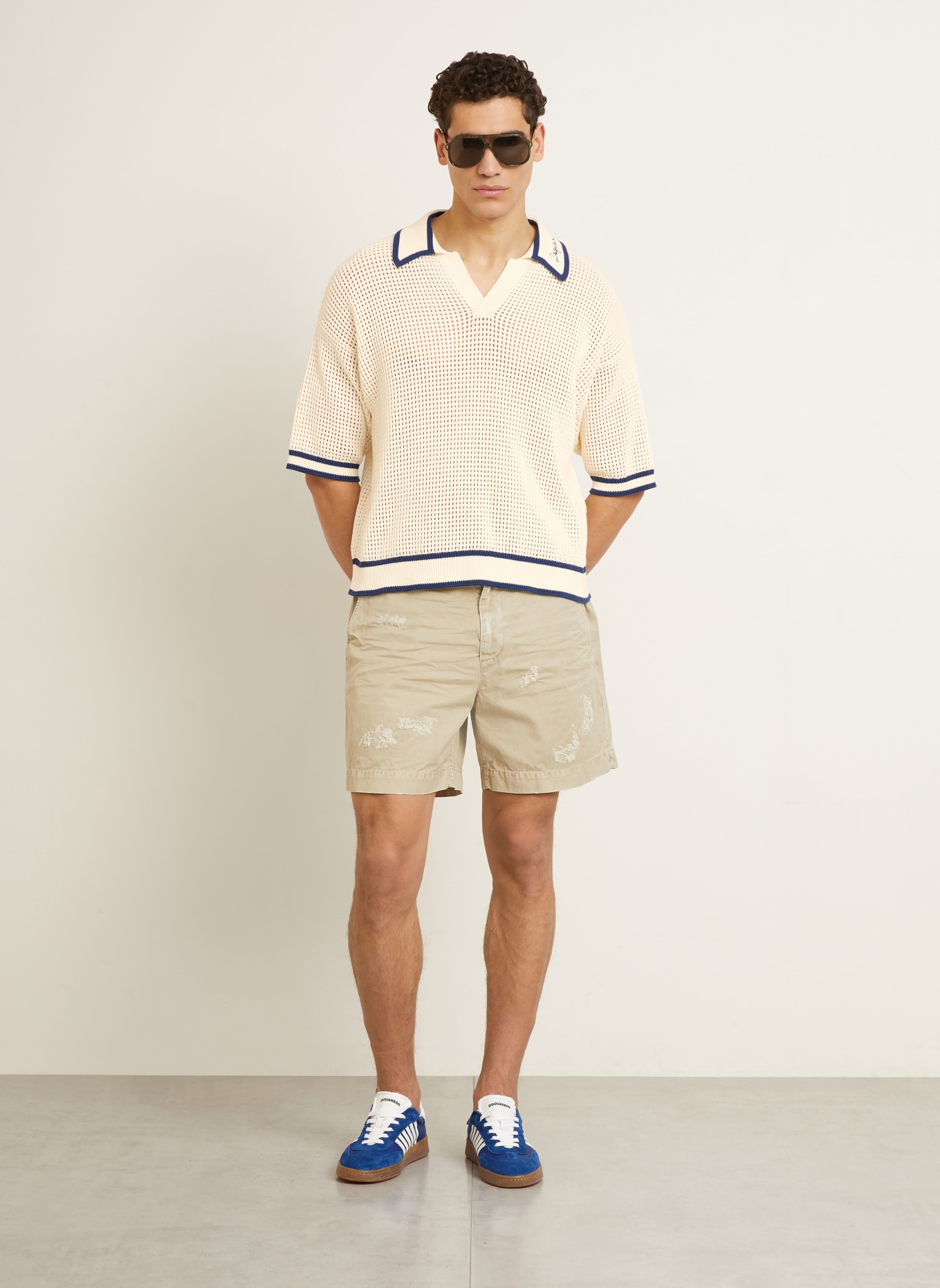DSQUARED2 Strick-Poloshirt: CREME / DUNKELBLAU